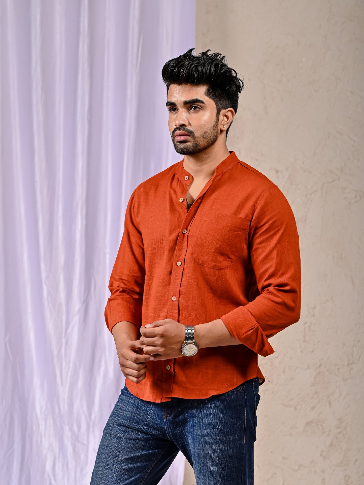 Rust Cotton Linen Regular Fit Casual Shirt (Full Sleeves)