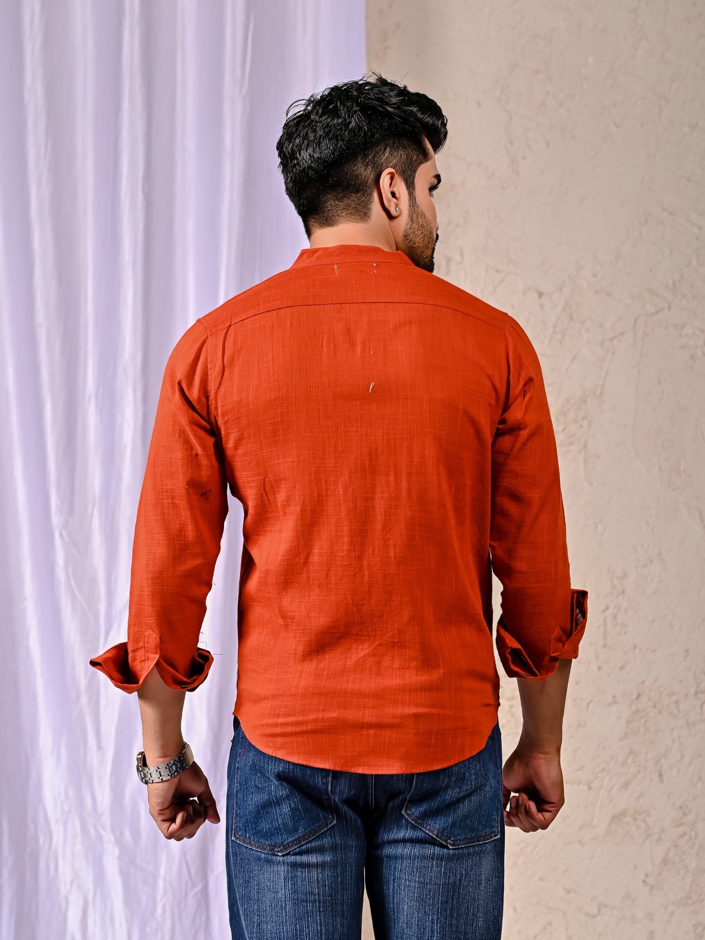 Rust Cotton Linen Regular Fit Casual Shirt (Full Sleeves)