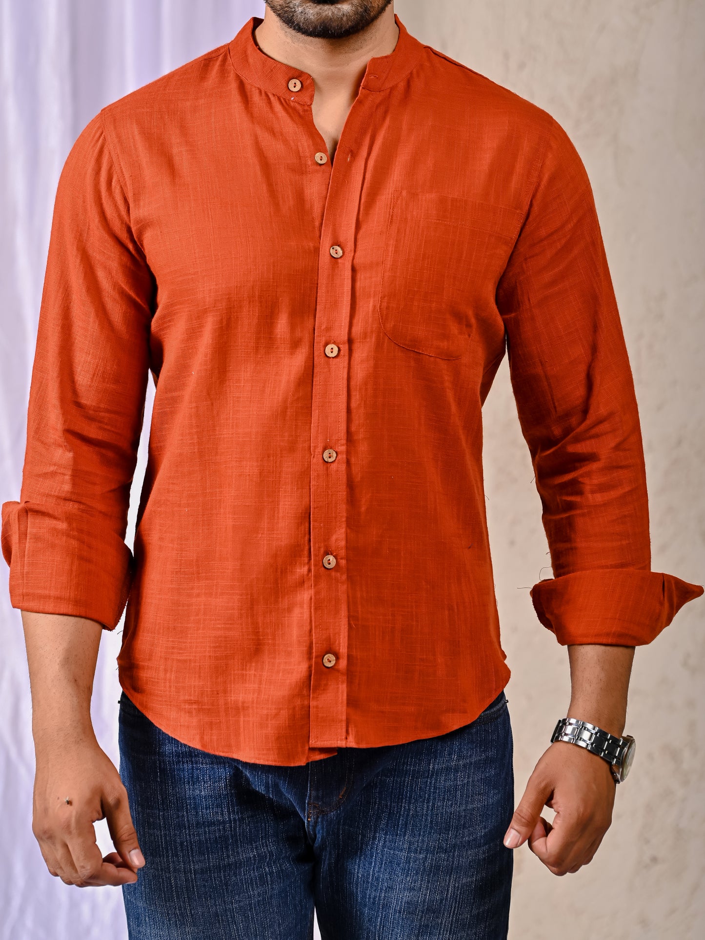 Rust Cotton Linen Regular Fit Casual Shirt (Full Sleeves)