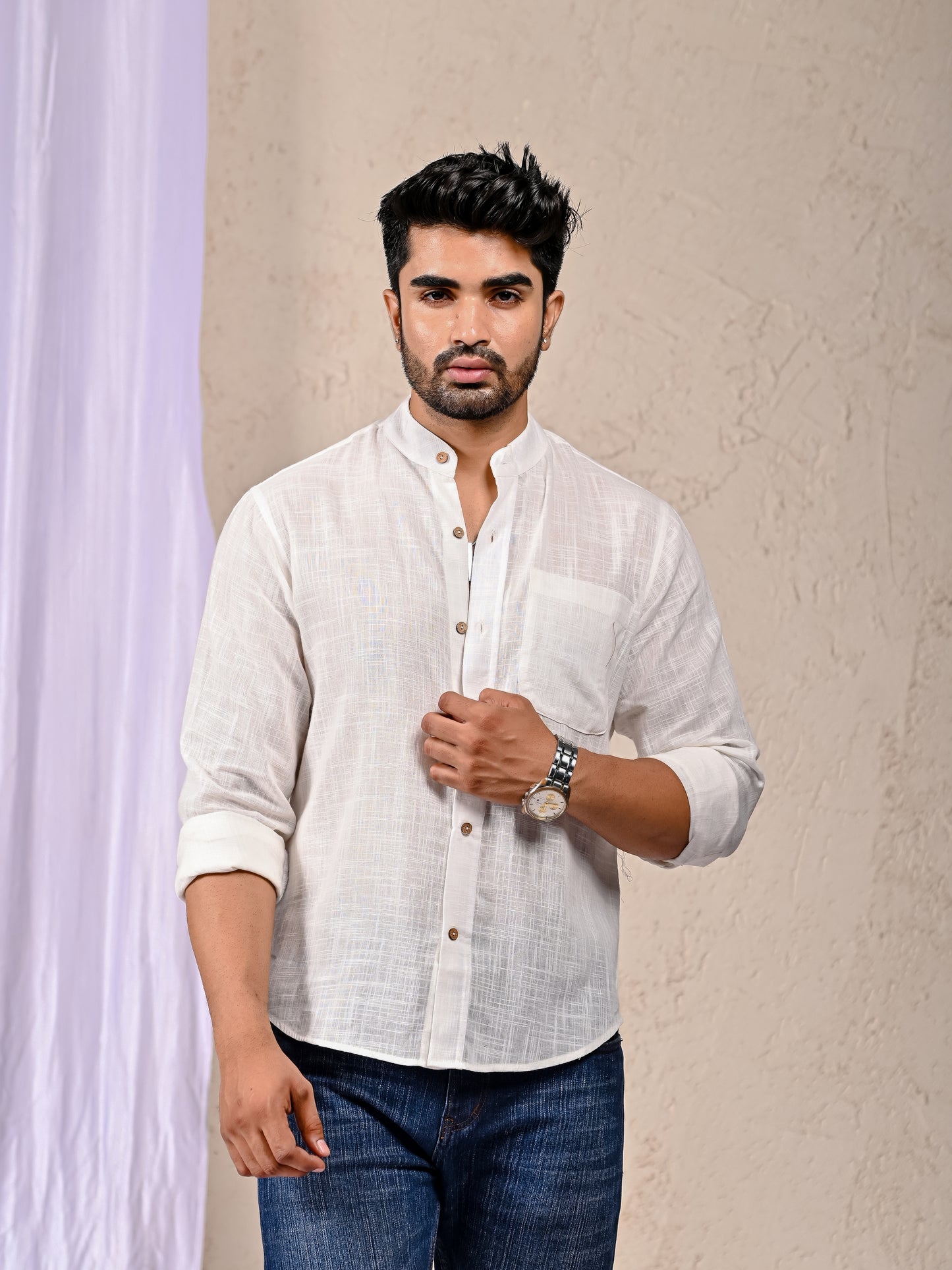White Cotton Linen Regular Fit Casual Shirt (Full Sleeves)