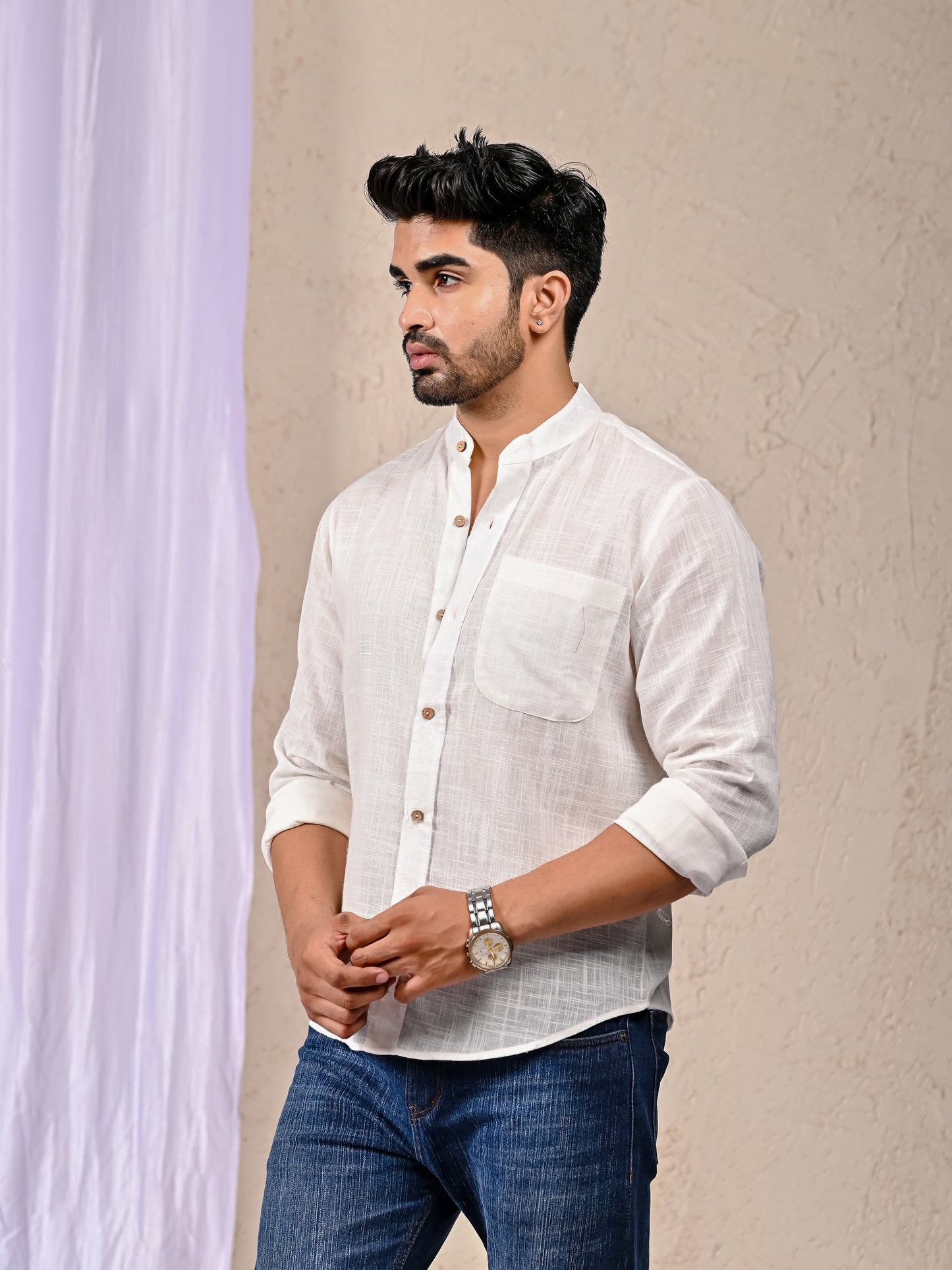 White Cotton Linen Regular Fit Casual Shirt (Full Sleeves)