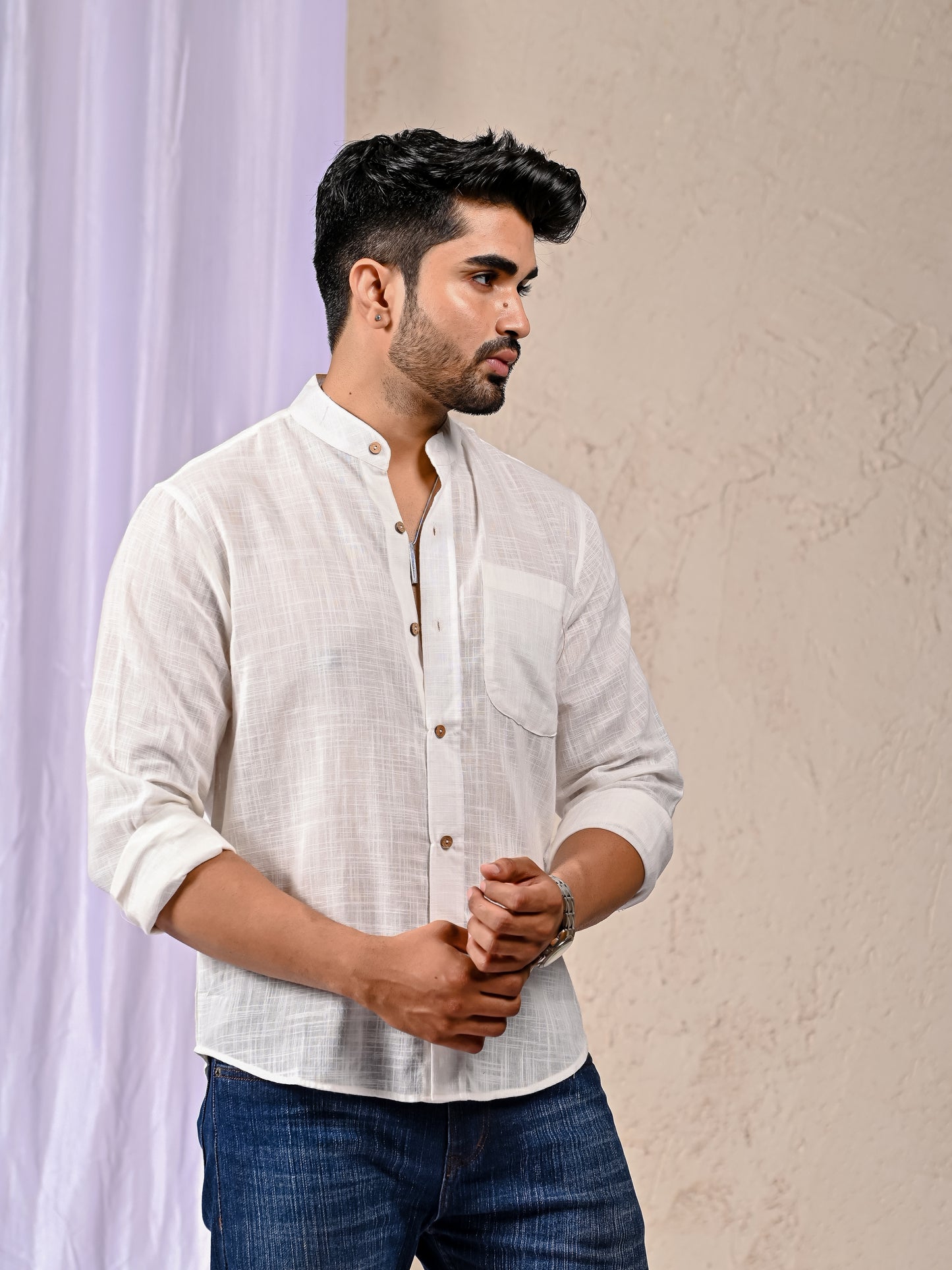 White Cotton Linen Regular Fit Casual Shirt (Full Sleeves)