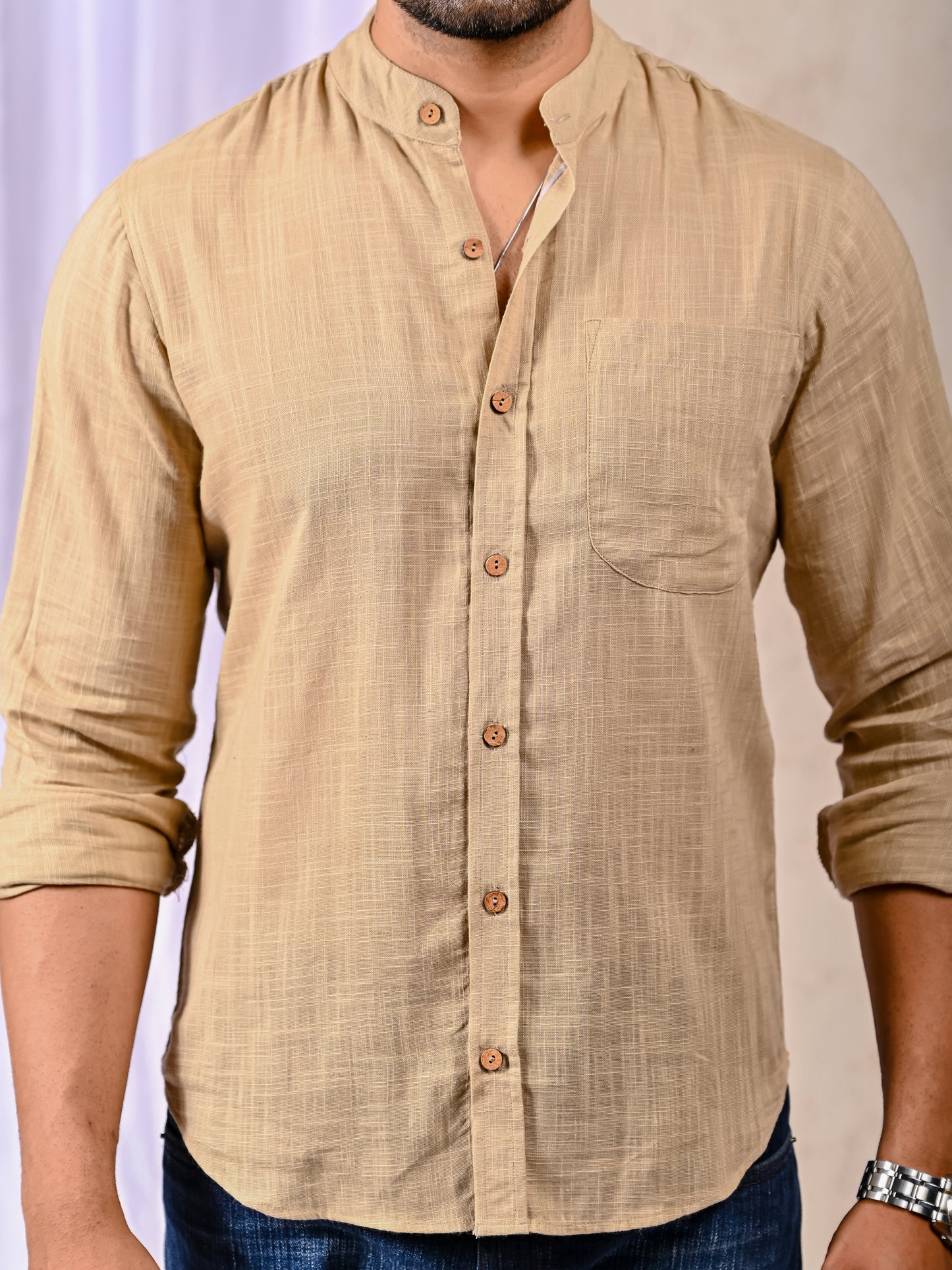 Beige Cotton Linen Regular Fit Casual Shirt (Full Sleeves)