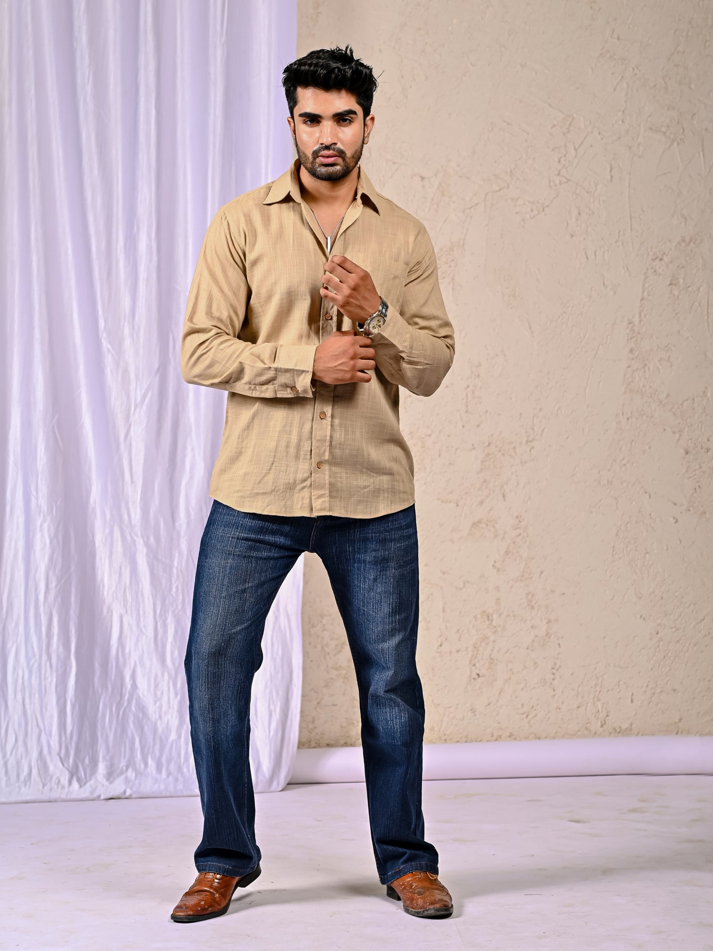 Beige Cotton Linen Regular Fit Casual Shirt (Full Sleeves)