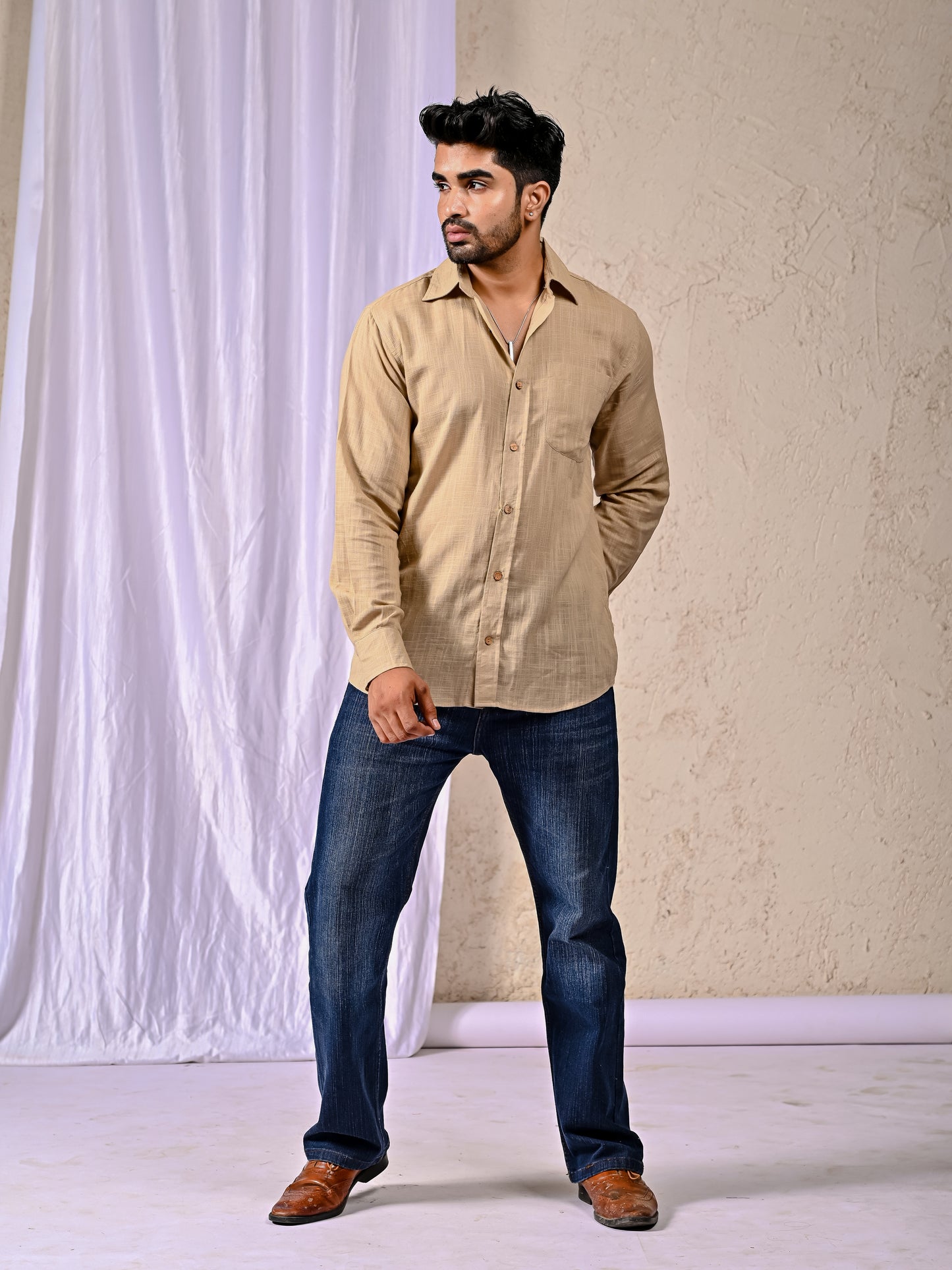 Beige Cotton Linen Regular Fit Casual Shirt (Full Sleeves)