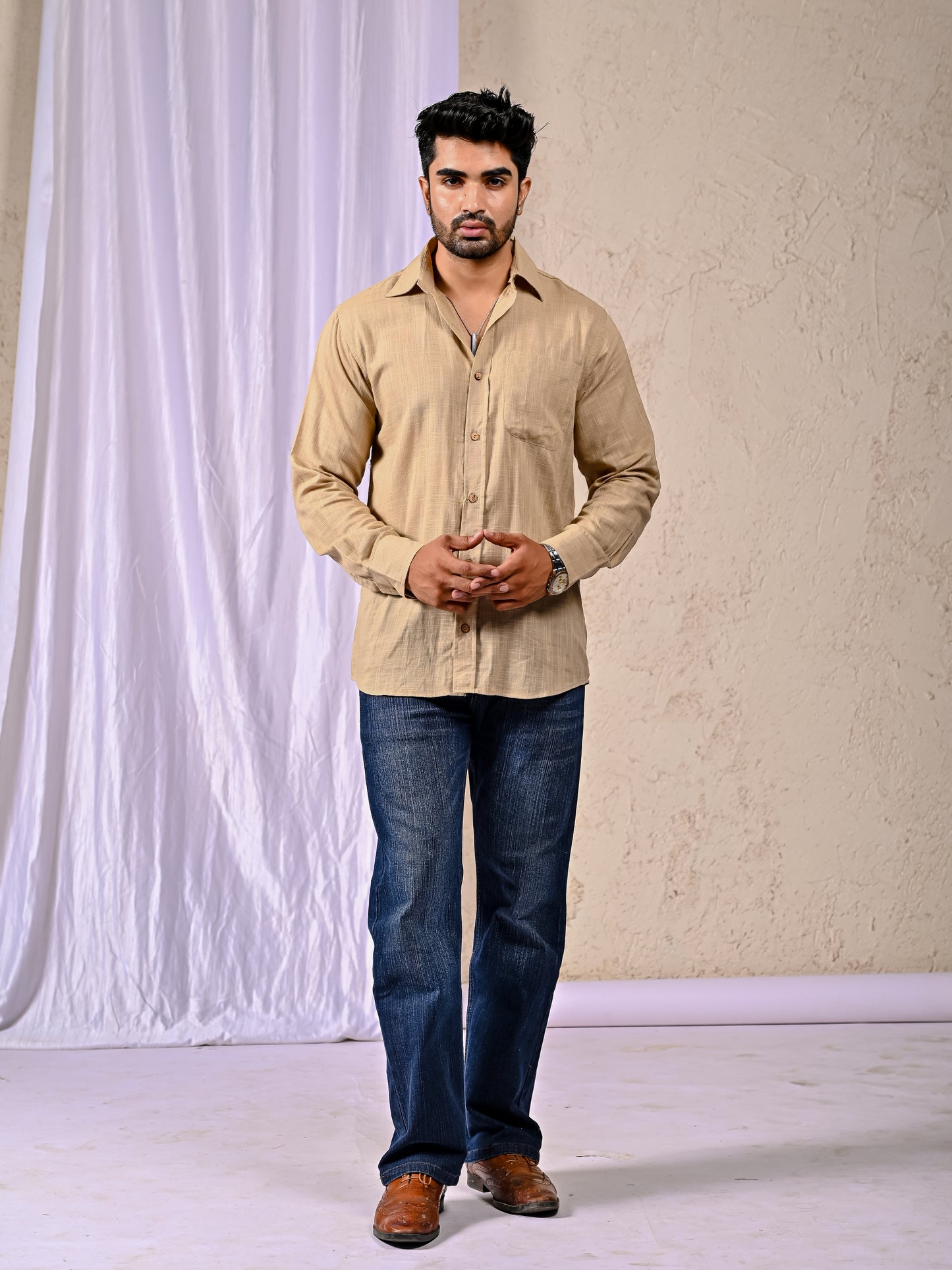 Beige Cotton Linen Regular Fit Casual Shirt (Full Sleeves)