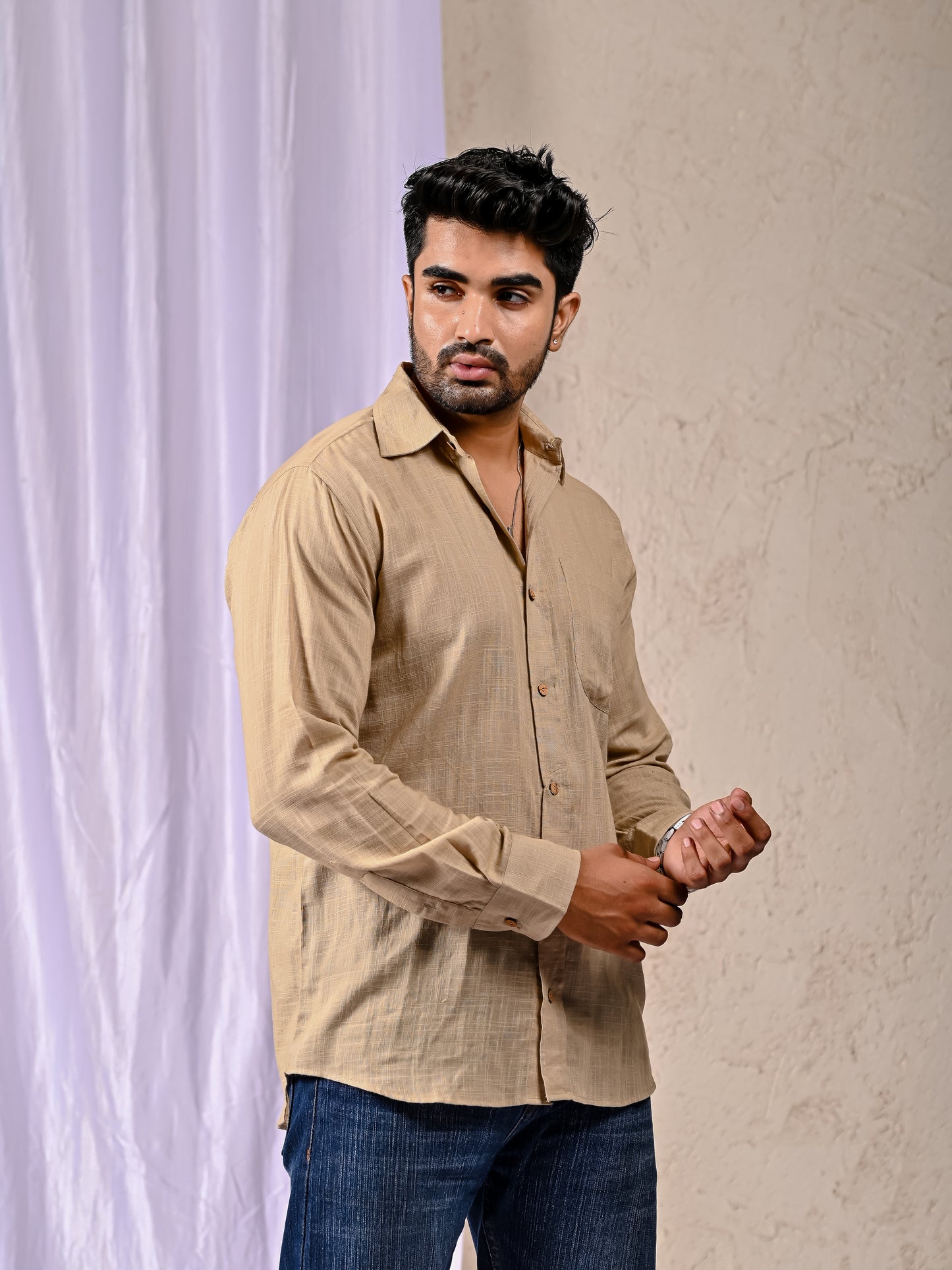 Beige Cotton Linen Regular Fit Casual Shirt (Full Sleeves)