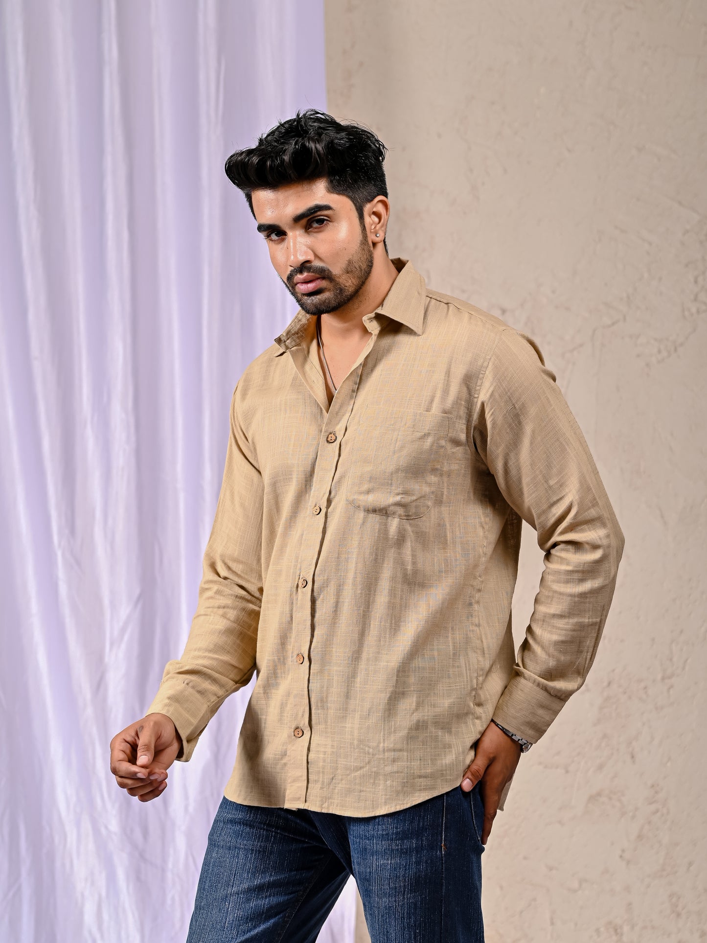 Beige Cotton Linen Regular Fit Casual Shirt (Full Sleeves)