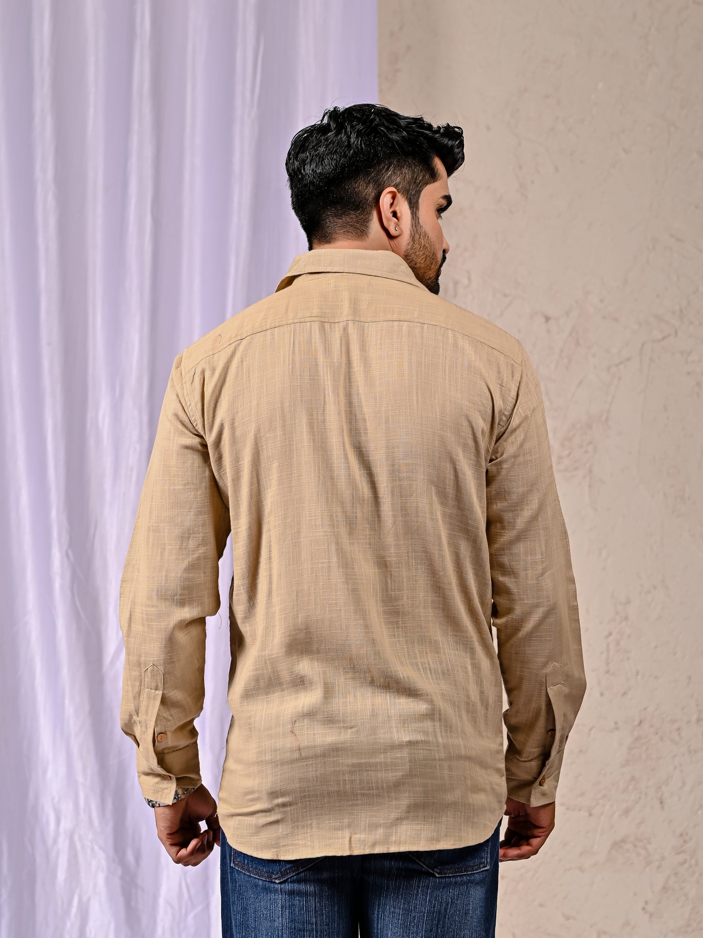 Beige Cotton Linen Regular Fit Casual Shirt (Full Sleeves)