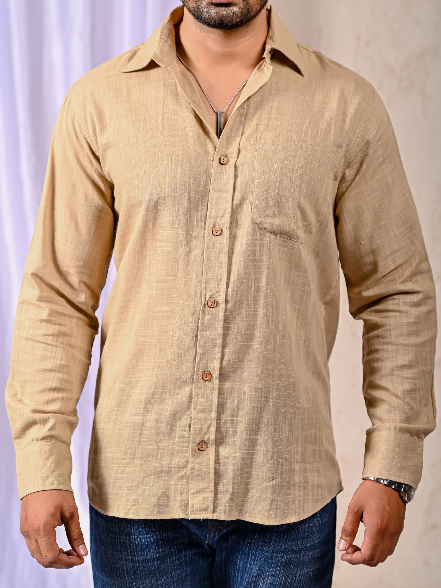 Beige Cotton Linen Regular Fit Casual Shirt (Full Sleeves)