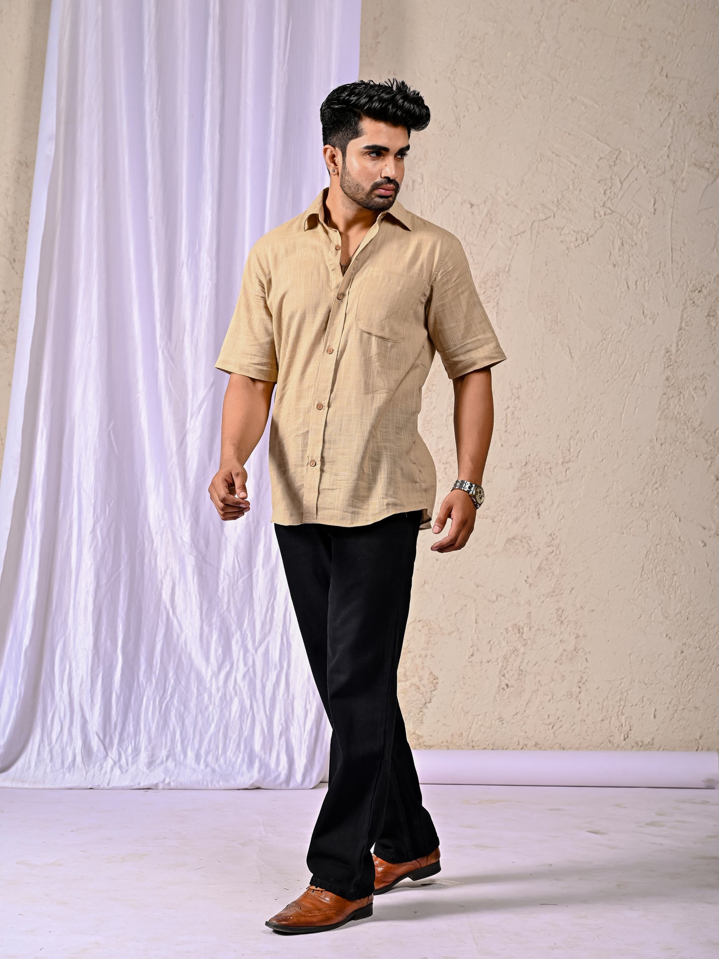 Beige Cotton Linen Regular Fit Casual Shirt (Half Sleeves)