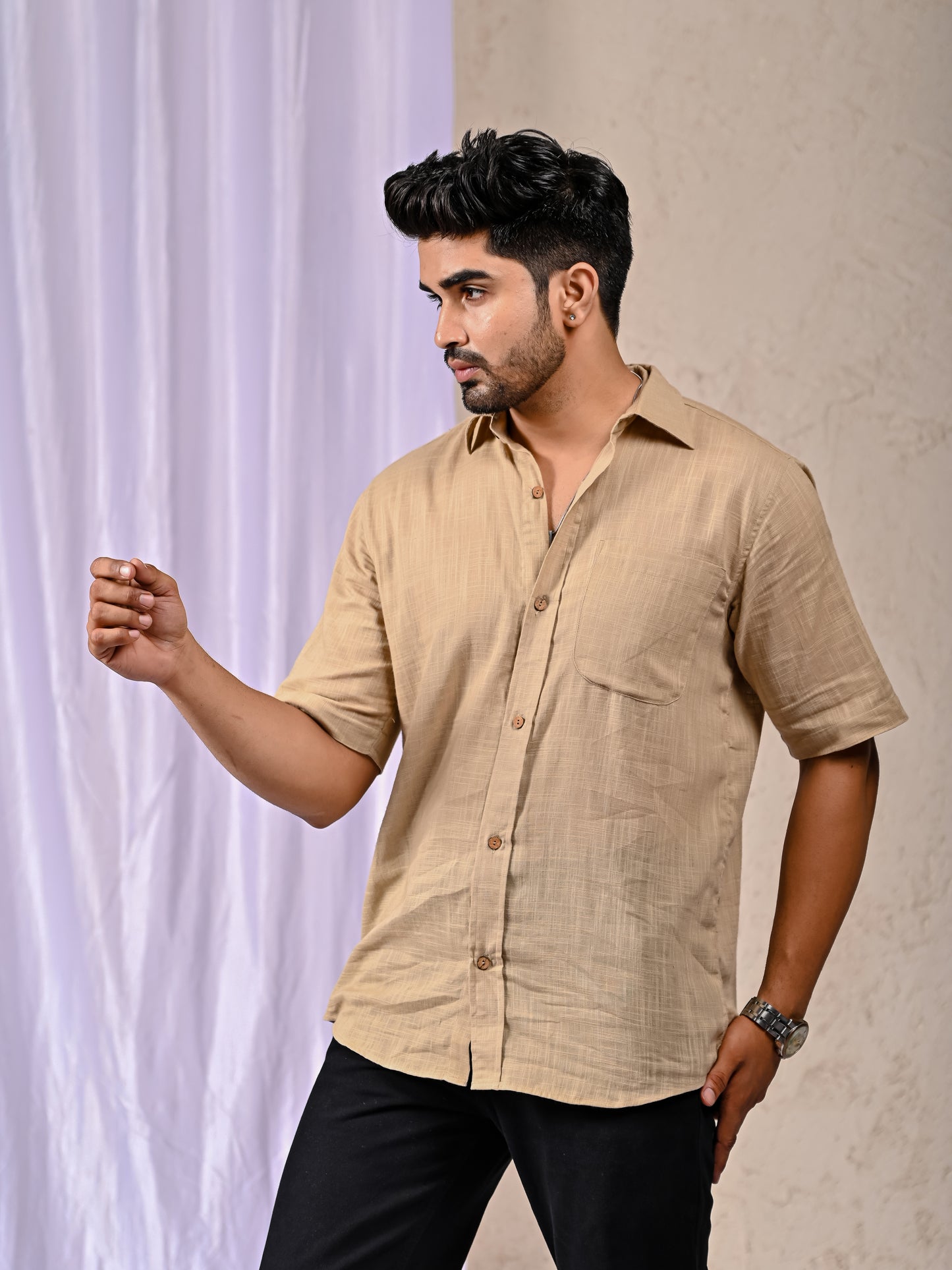 Beige Cotton Linen Regular Fit Casual Shirt (Half Sleeves)