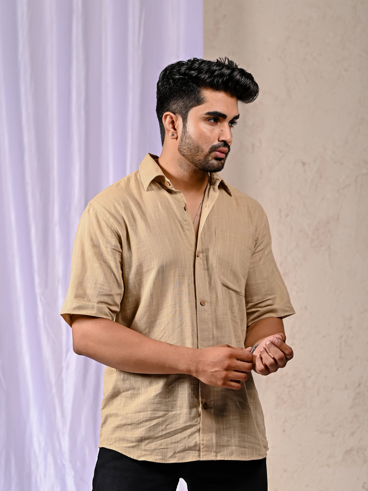 Beige Cotton Linen Regular Fit Casual Shirt (Half Sleeves)