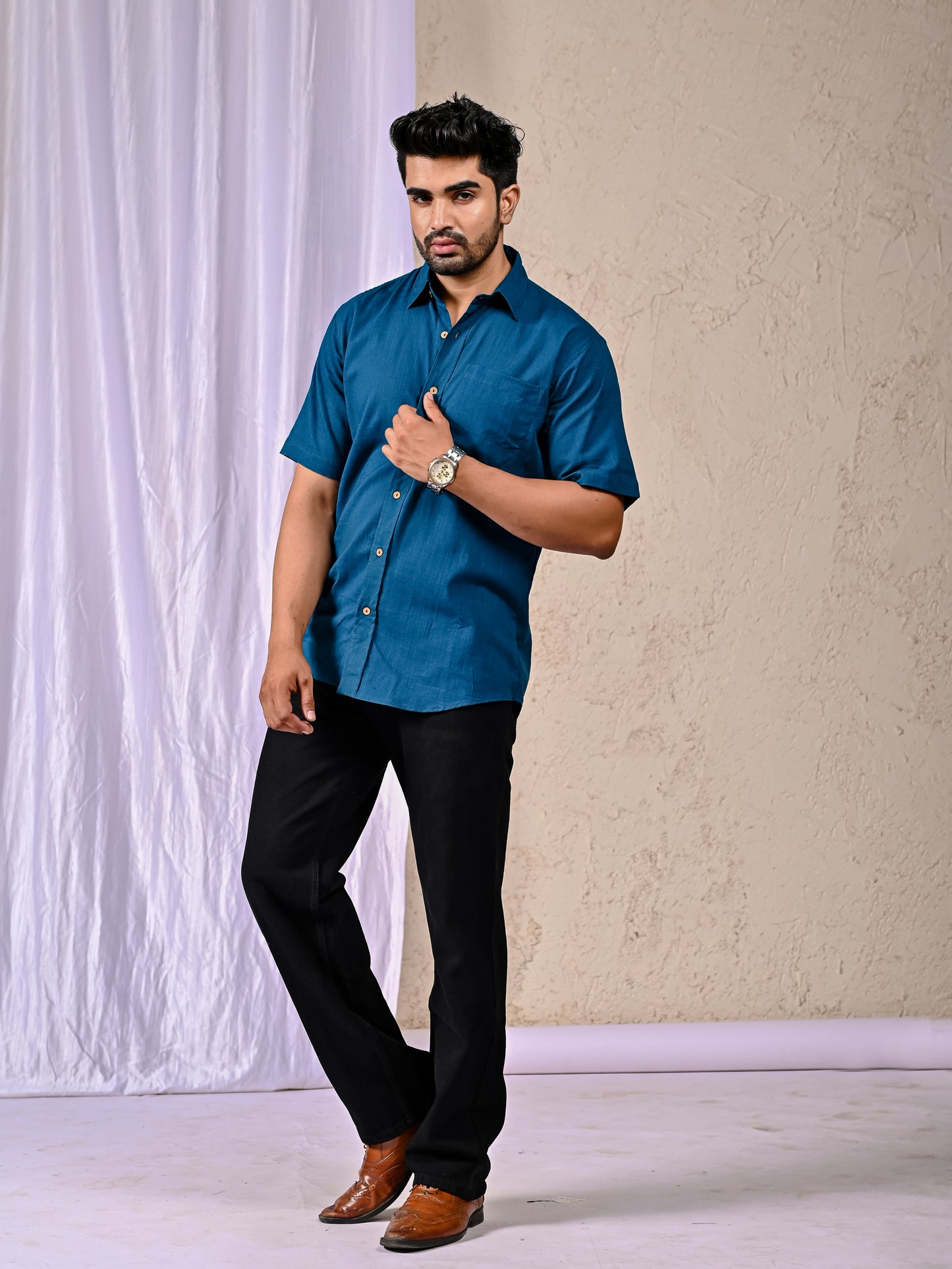 Peacock Blue Cotton Linen Regular Fit Casual Shirt (Half Sleeves)