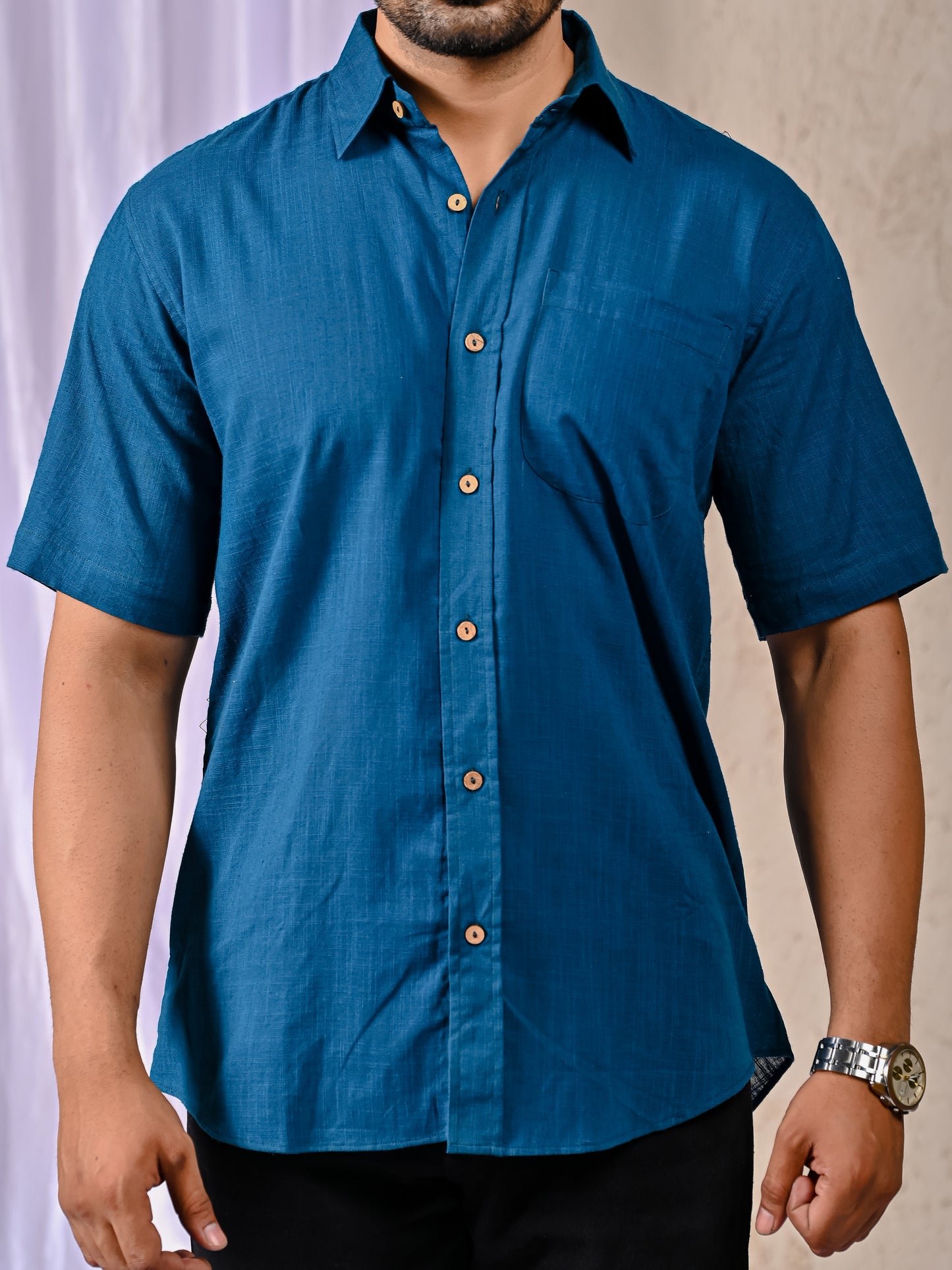 Peacock Blue Cotton Linen Regular Fit Casual Shirt (Half Sleeves)