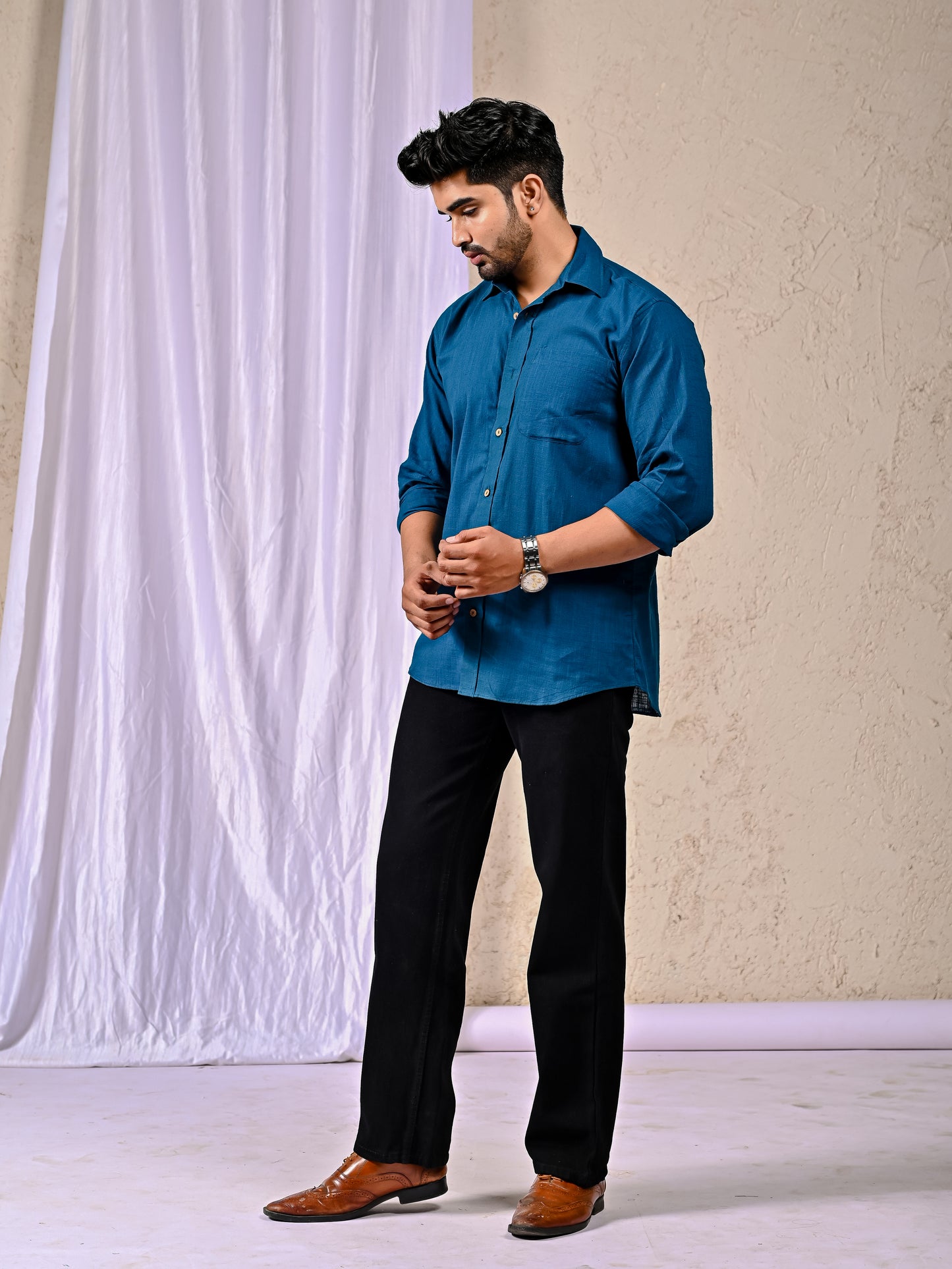 Peacock Blue Cotton Linen Regular Fit Casual Shirt (Full Sleeves)