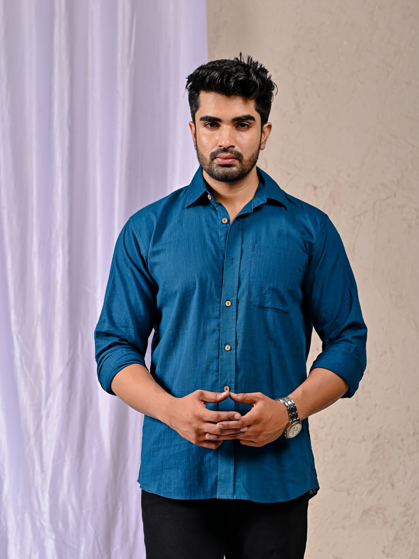 Peacock Blue Cotton Linen Regular Fit Casual Shirt (Full Sleeves)