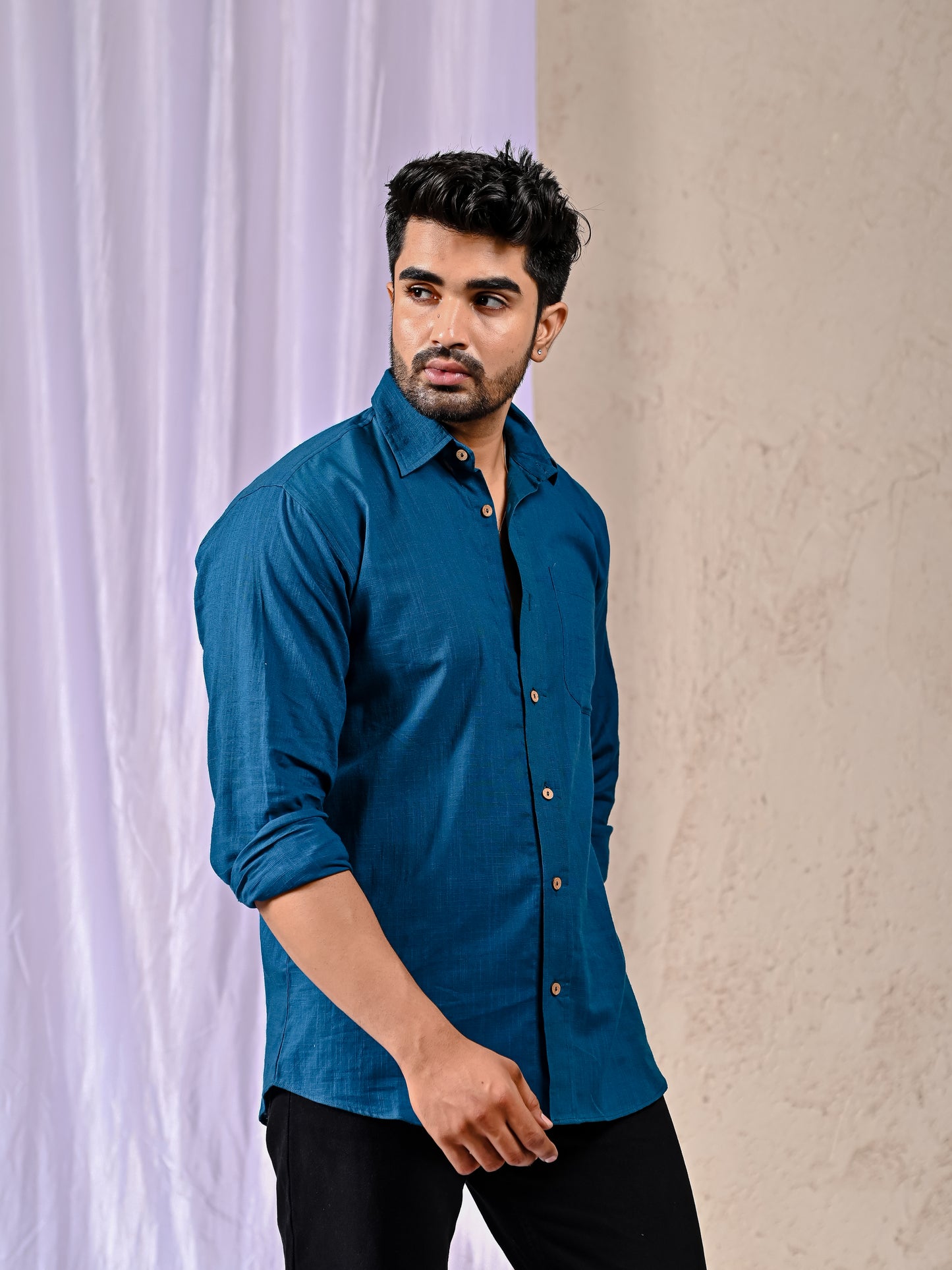 Peacock Blue Cotton Linen Regular Fit Casual Shirt (Full Sleeves)