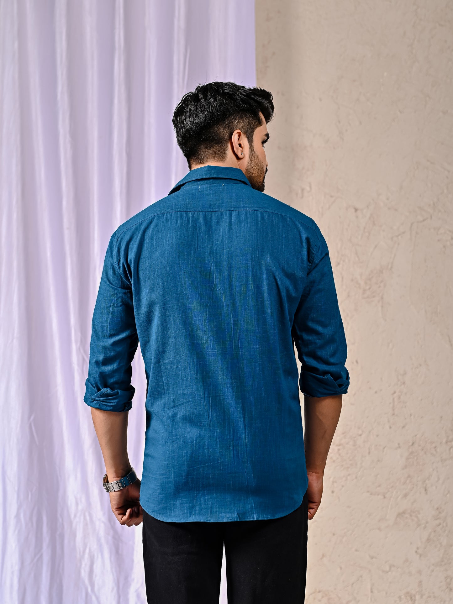 Peacock Blue Cotton Linen Regular Fit Casual Shirt (Full Sleeves)