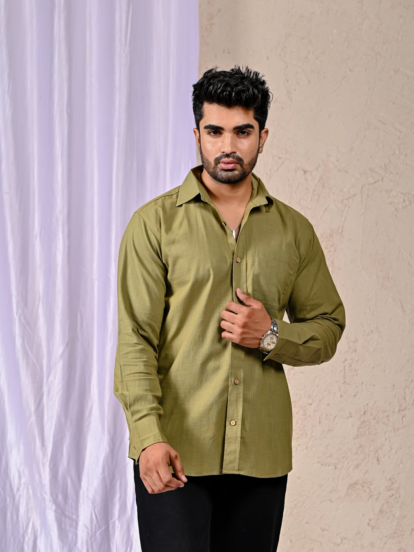 Olive Cotton Linen Regular Fit Casual Shirt (Full Sleeves)