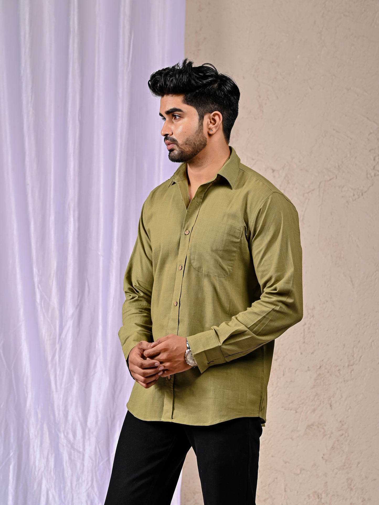 Olive Cotton Linen Regular Fit Casual Shirt (Full Sleeves)
