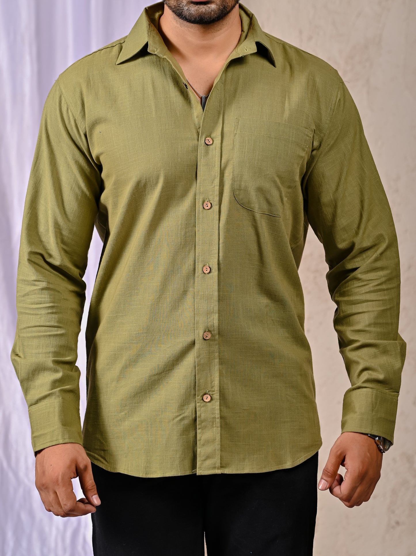 Olive Cotton Linen Regular Fit Casual Shirt (Full Sleeves)