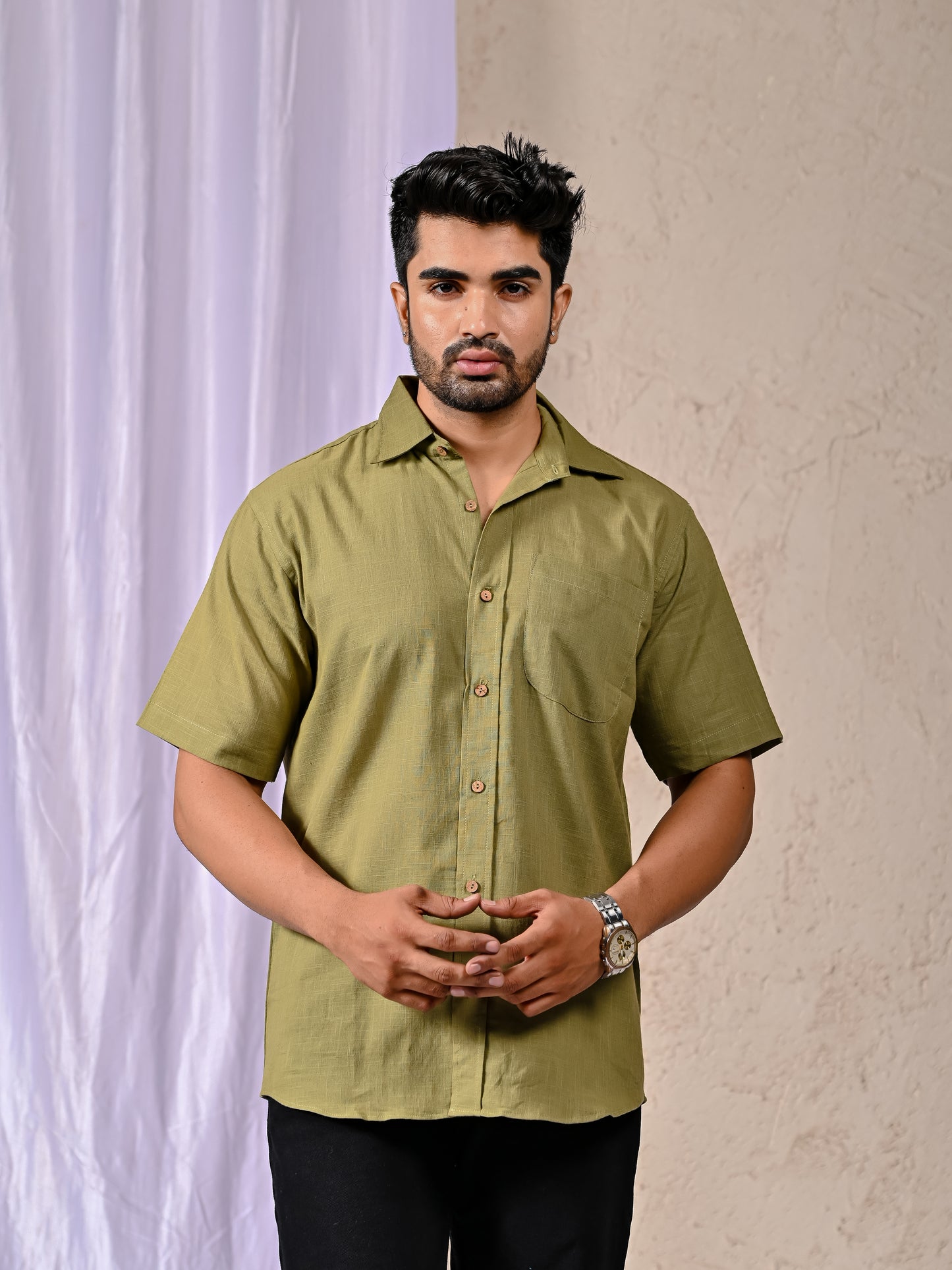 Olive Cotton Linen Regular Fit Casual Shirt (Half Sleeves)