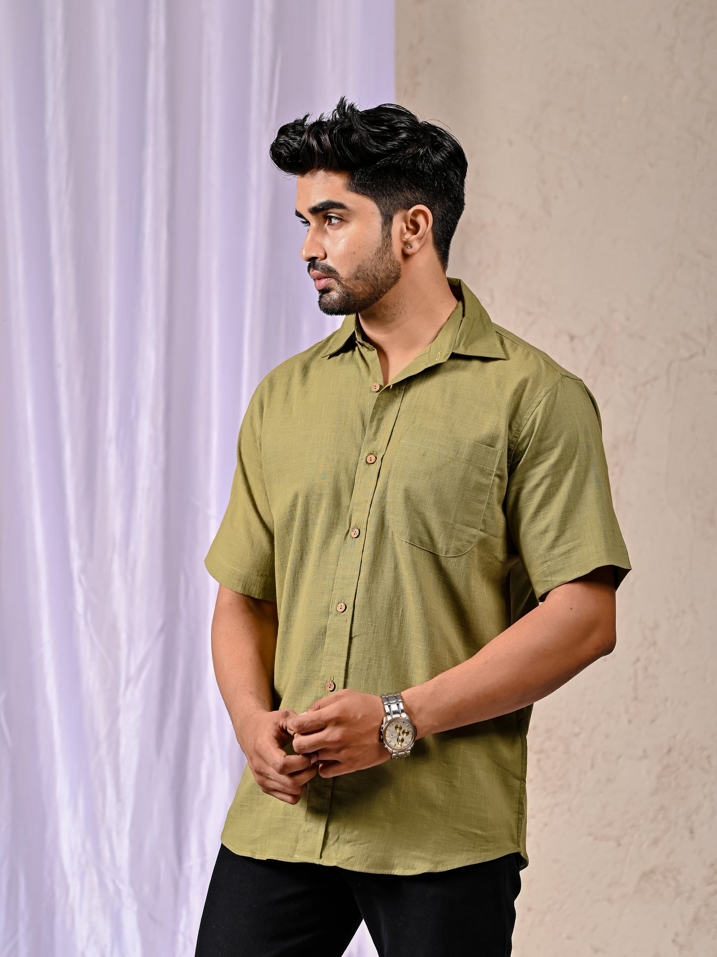 Olive Cotton Linen Regular Fit Casual Shirt (Half Sleeves)