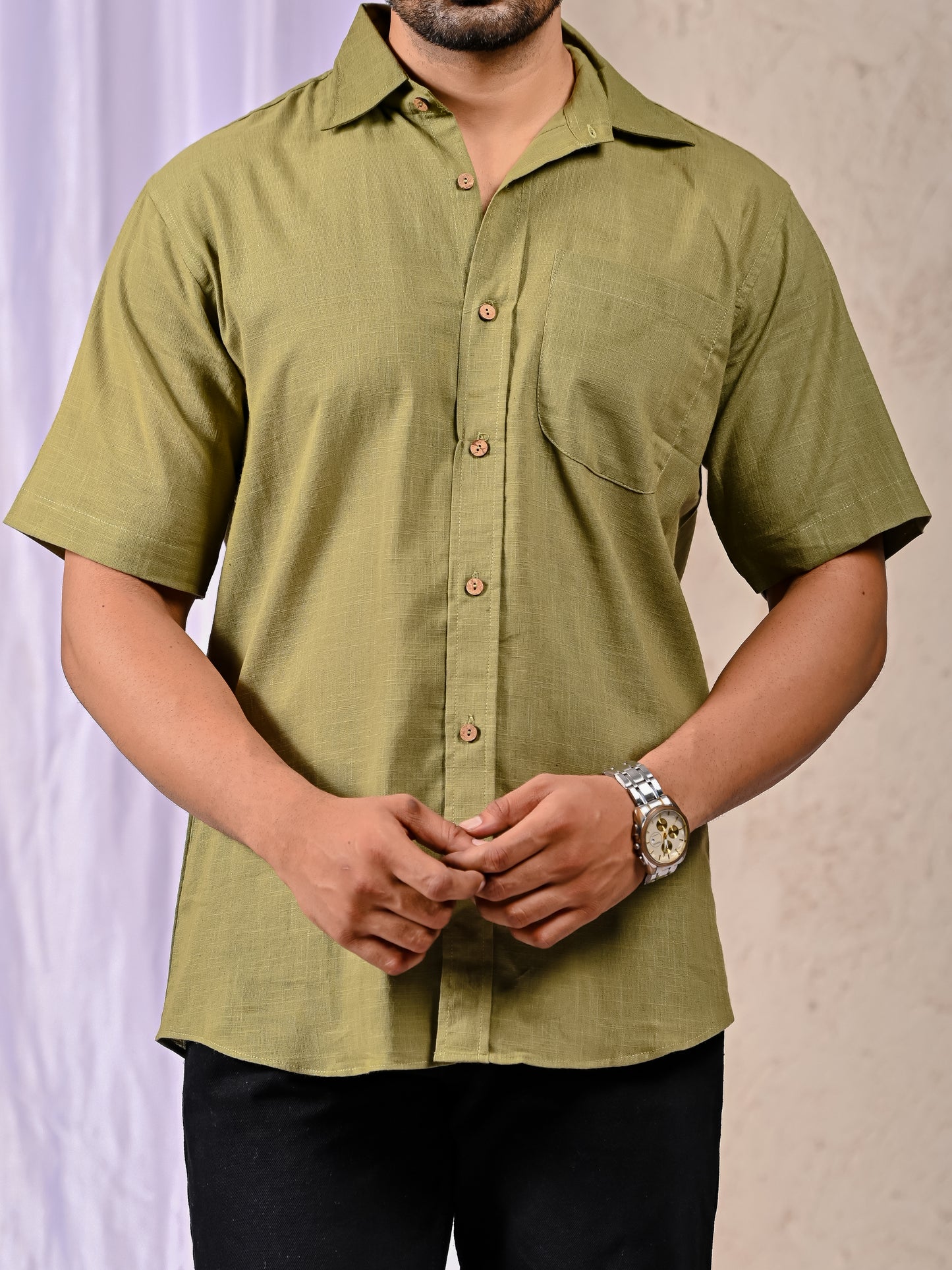 Olive Cotton Linen Regular Fit Casual Shirt (Half Sleeves)