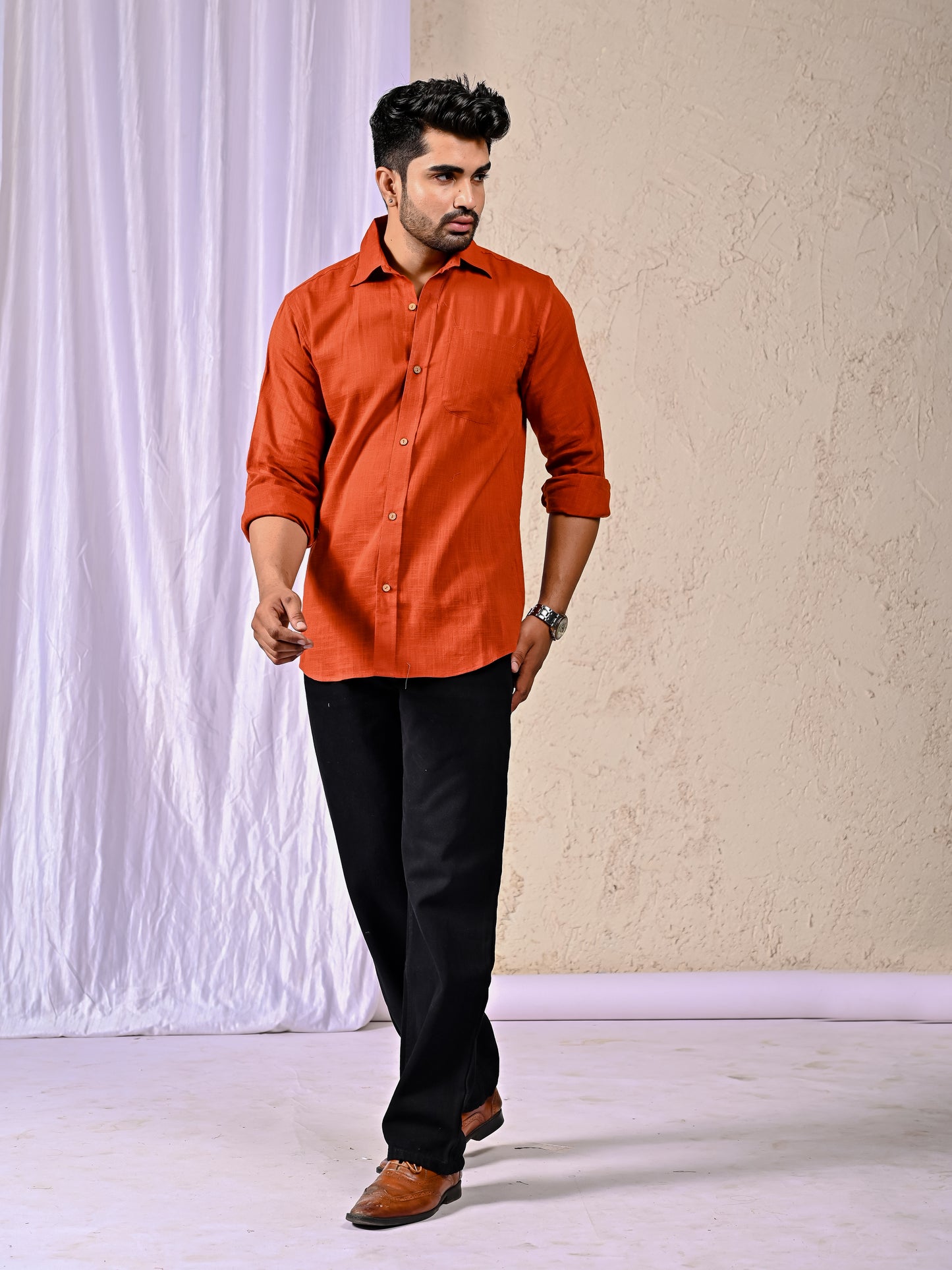 Rust Cotton Linen Regular Fit Casual Shirt (Full Sleeves)