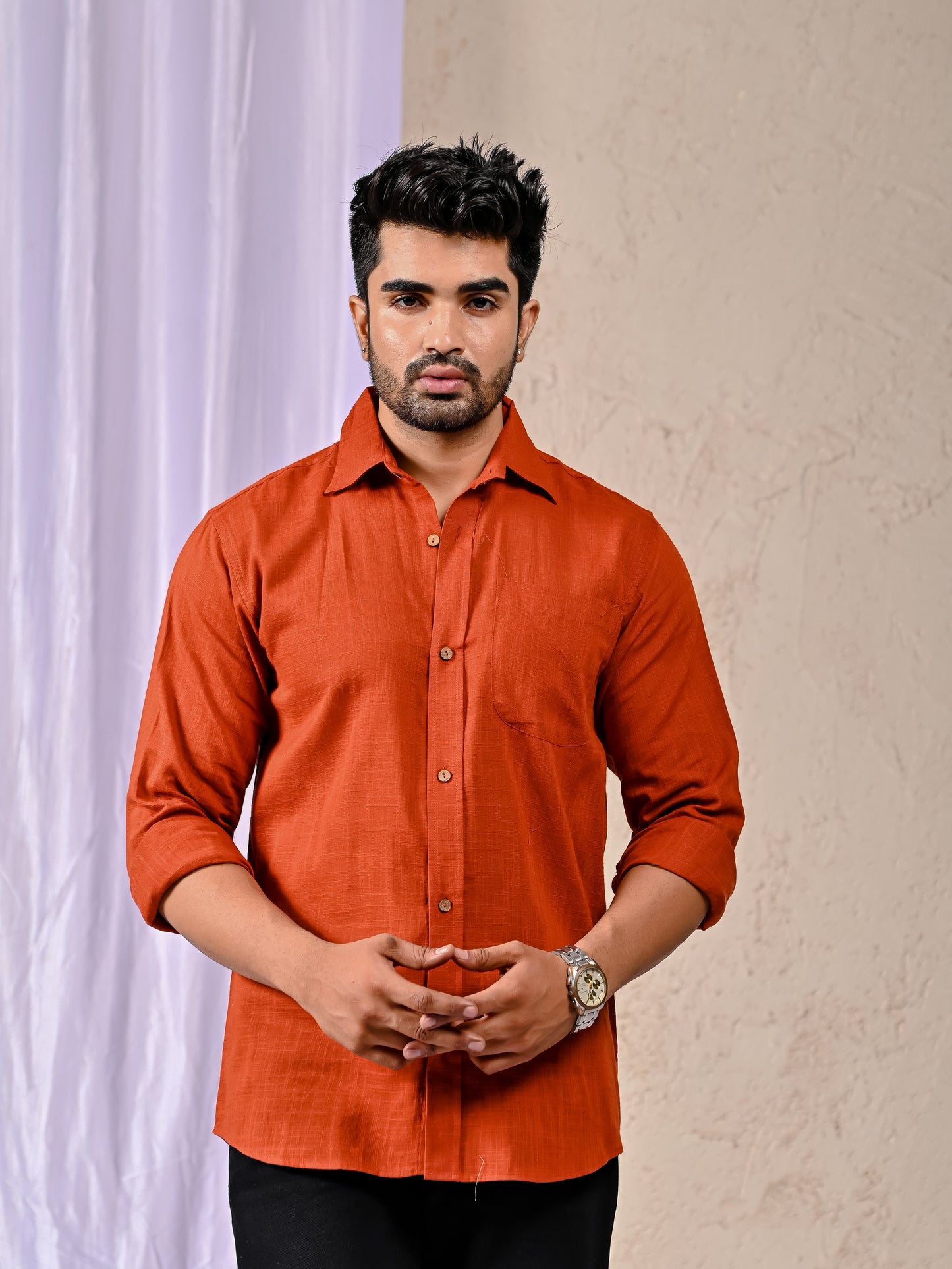 Rust Cotton Linen Regular Fit Casual Shirt (Full Sleeves)