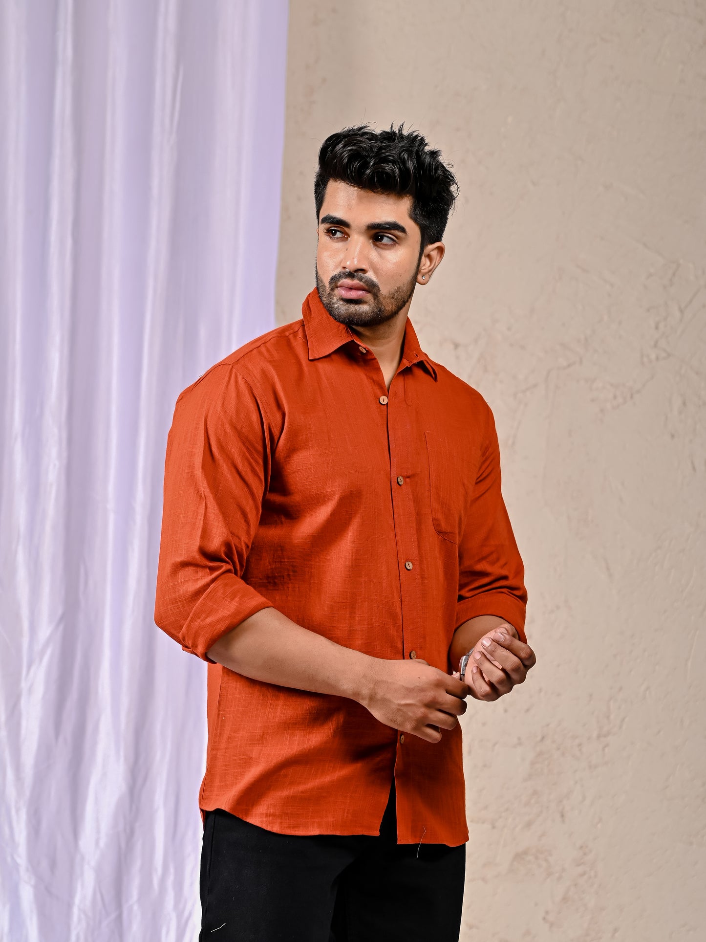 Rust Cotton Linen Regular Fit Casual Shirt (Full Sleeves)