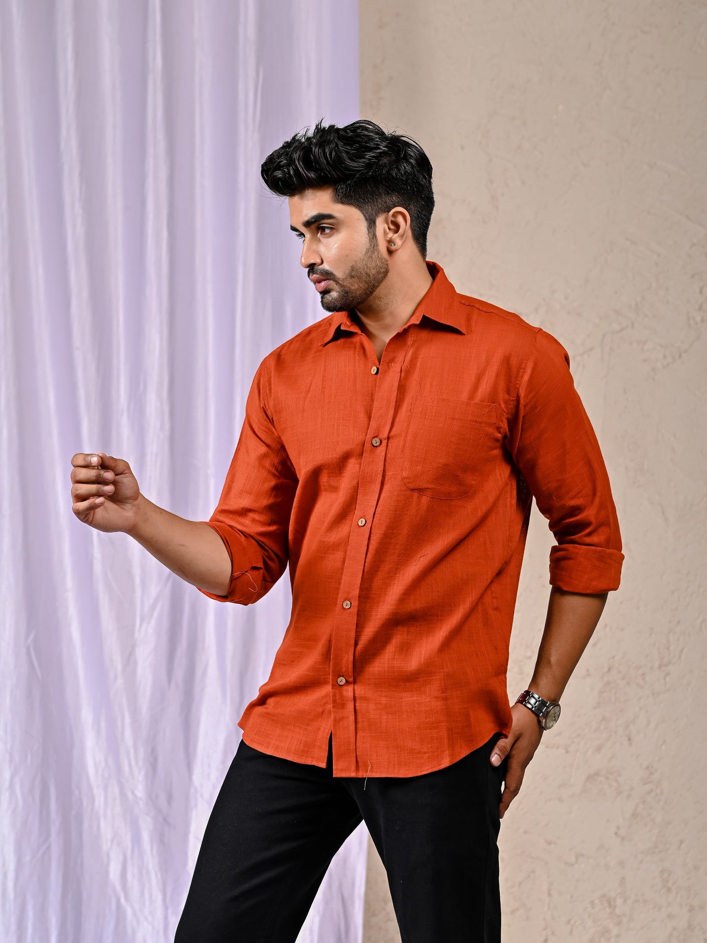 Rust Cotton Linen Regular Fit Casual Shirt (Full Sleeves)