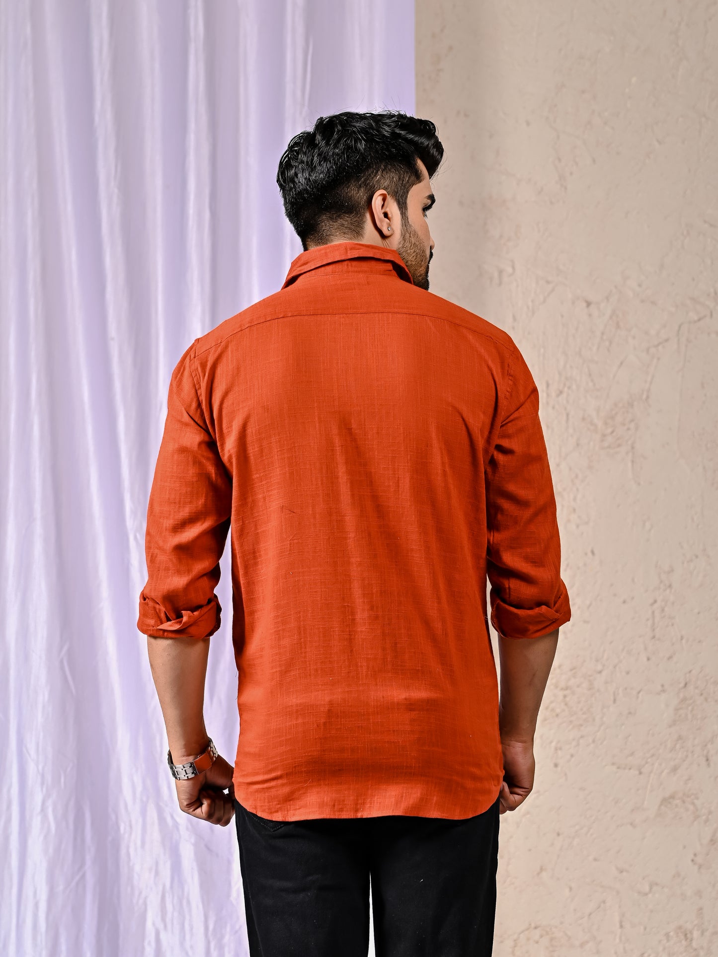 Rust Cotton Linen Regular Fit Casual Shirt (Full Sleeves)