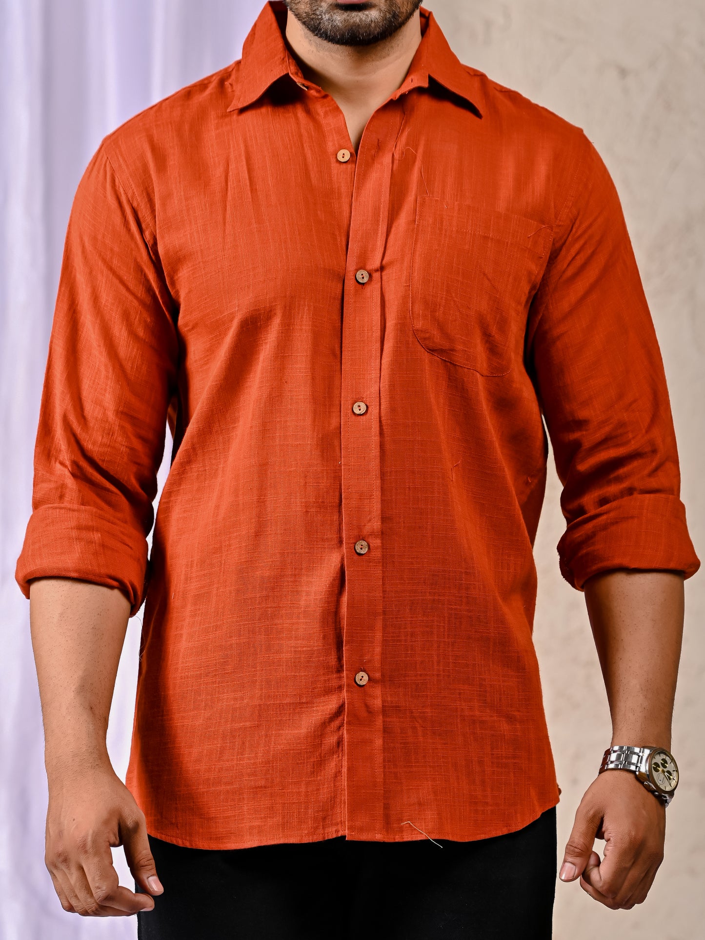 Rust Cotton Linen Regular Fit Casual Shirt (Full Sleeves)