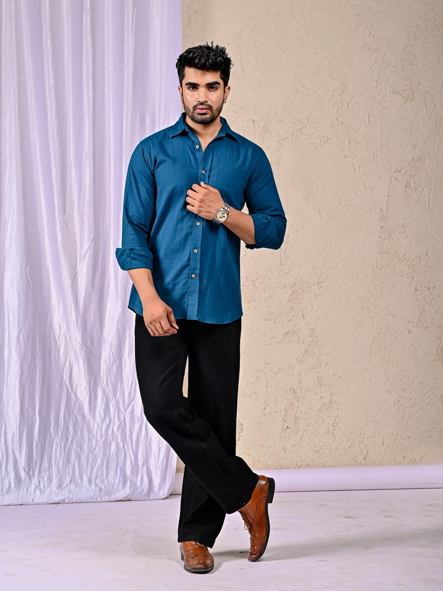 Peacock Blue Cotton Linen Regular Fit Casual Shirt (Full Sleeves)