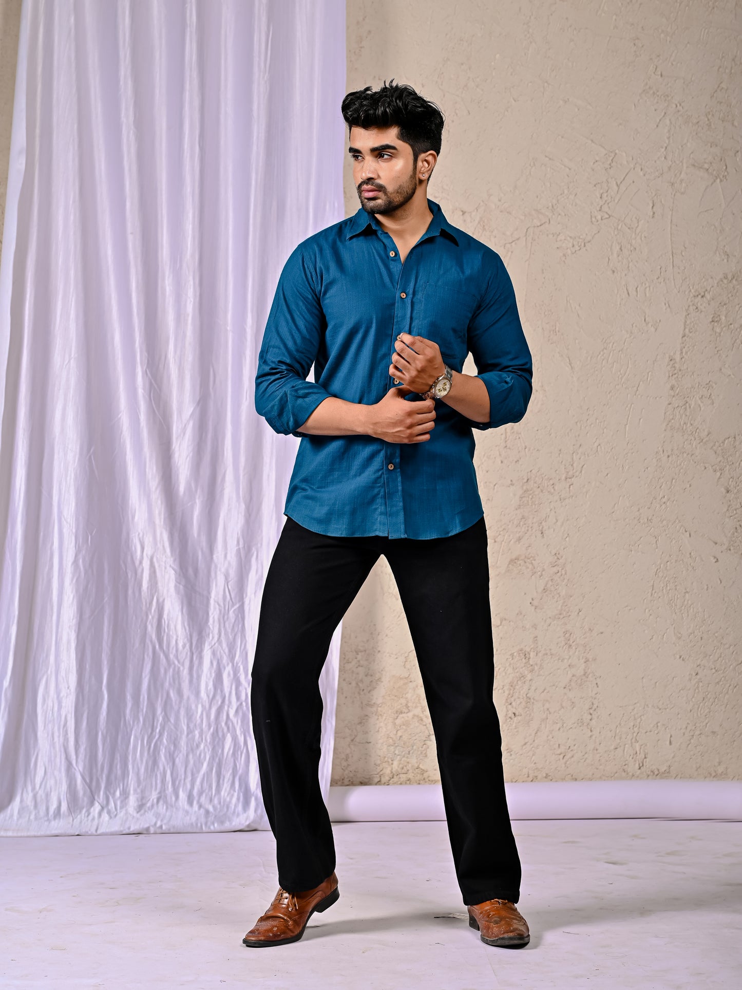 Peacock Blue Cotton Linen Regular Fit Casual Shirt (Full Sleeves)