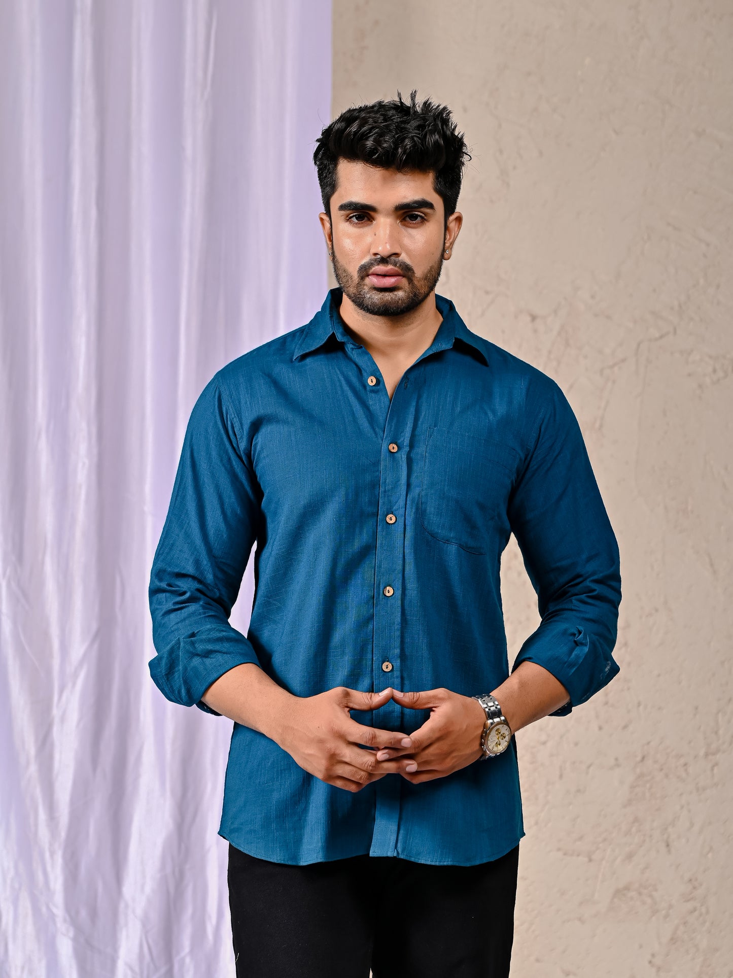 Peacock Blue Cotton Linen Regular Fit Casual Shirt (Full Sleeves)