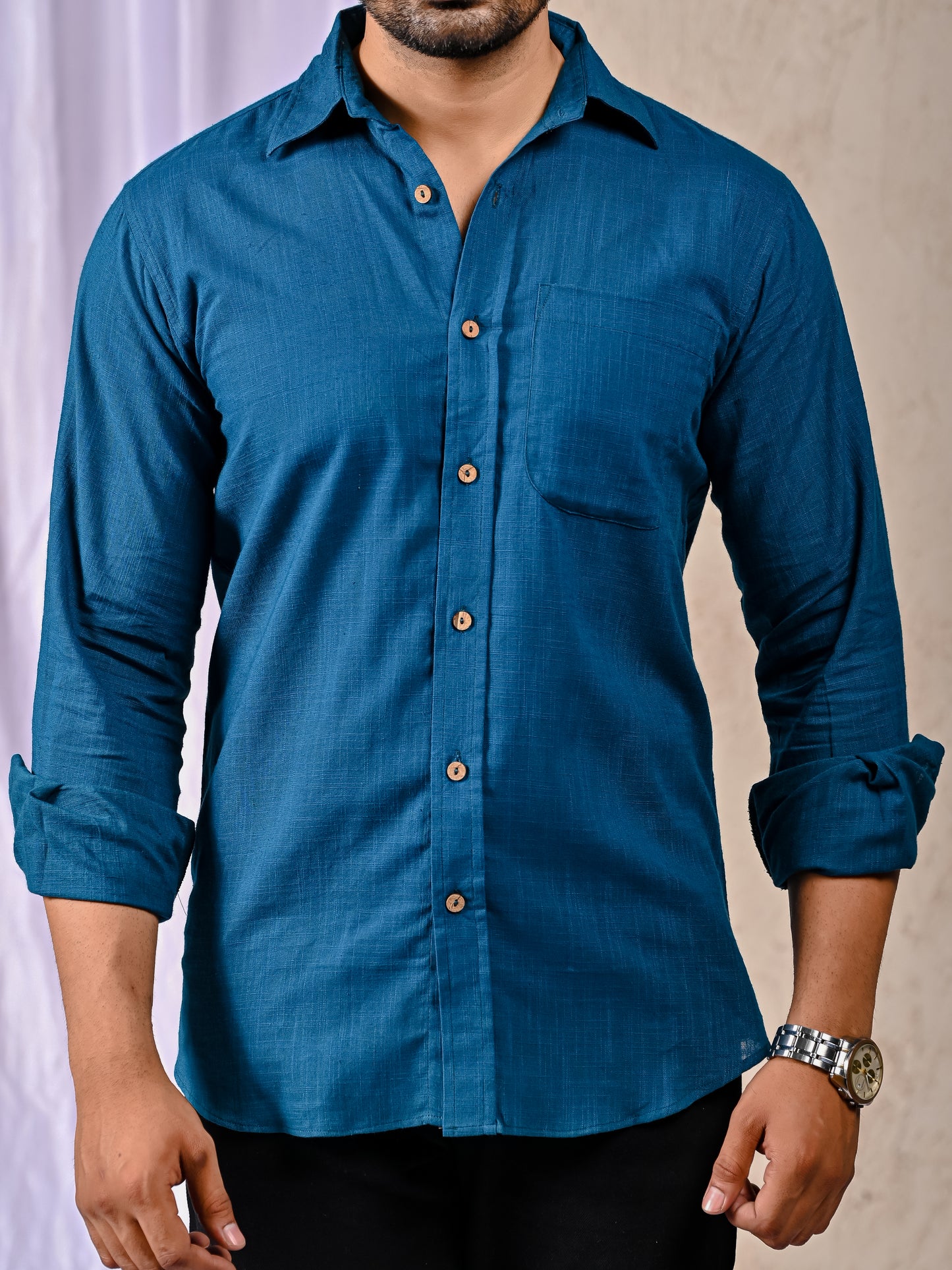 Peacock Blue Cotton Linen Regular Fit Casual Shirt (Full Sleeves)