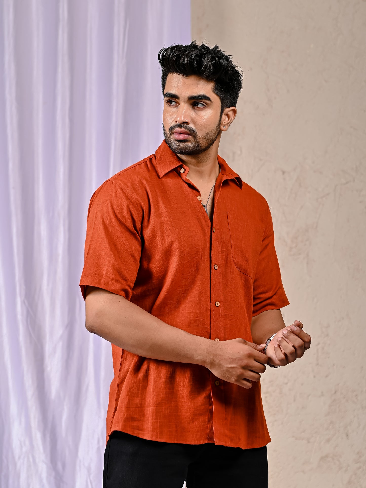 Rust Cotton Linen Regular Fit Casual Shirt (Half Sleeves)