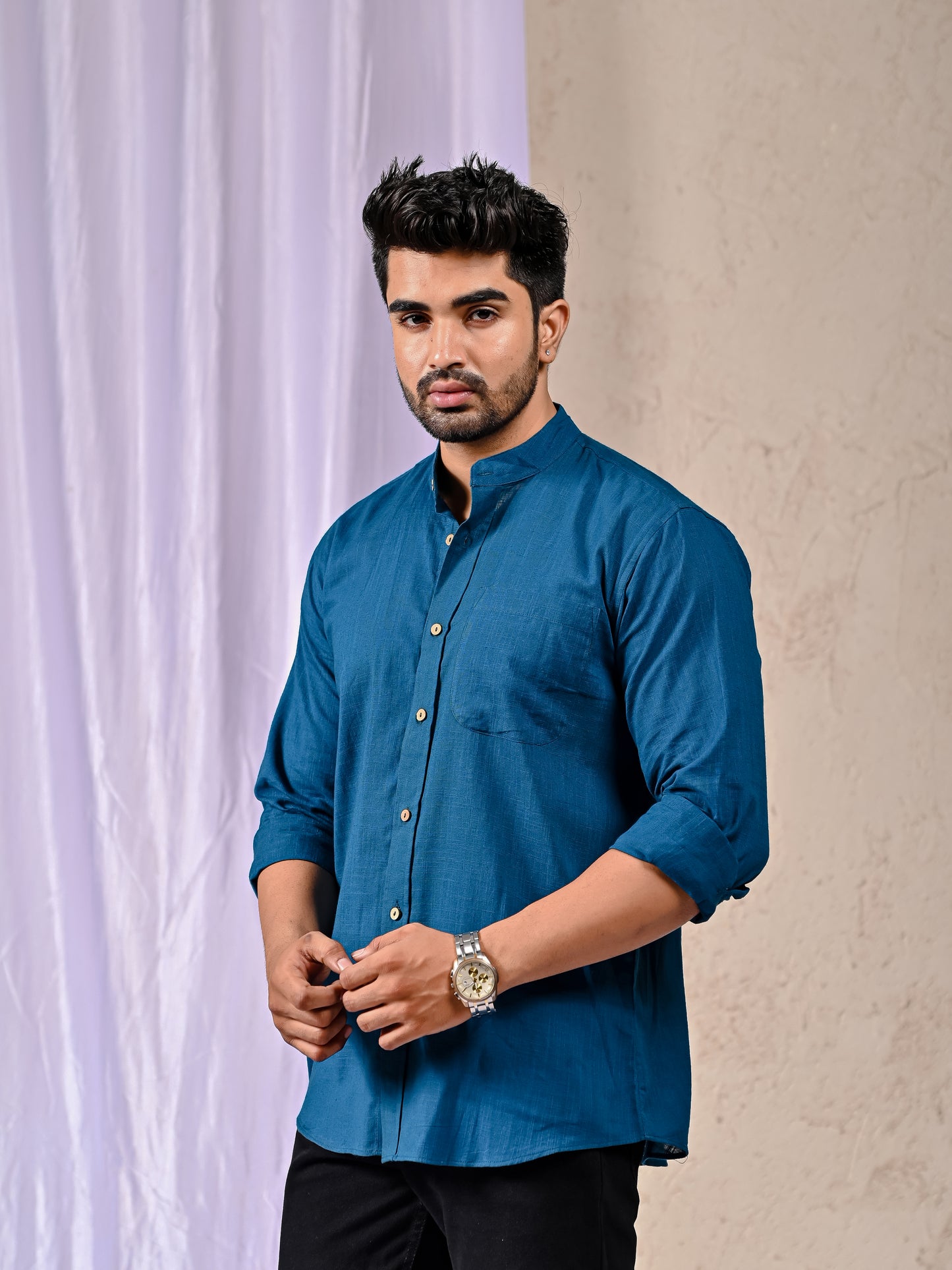 Peacock Blue Cotton Linen Regular Fit Casual Shirt (Full Sleeves)