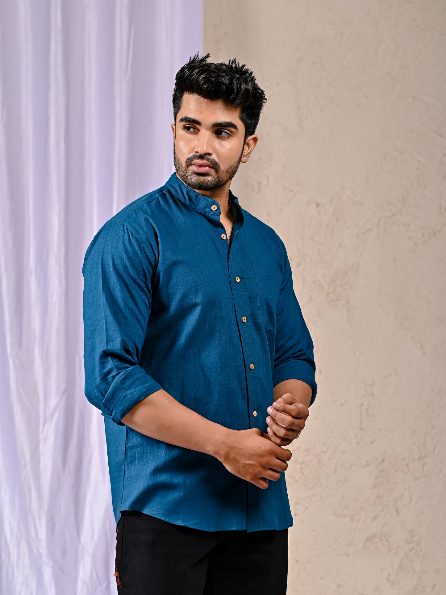 Peacock Blue Cotton Linen Regular Fit Casual Shirt (Full Sleeves)
