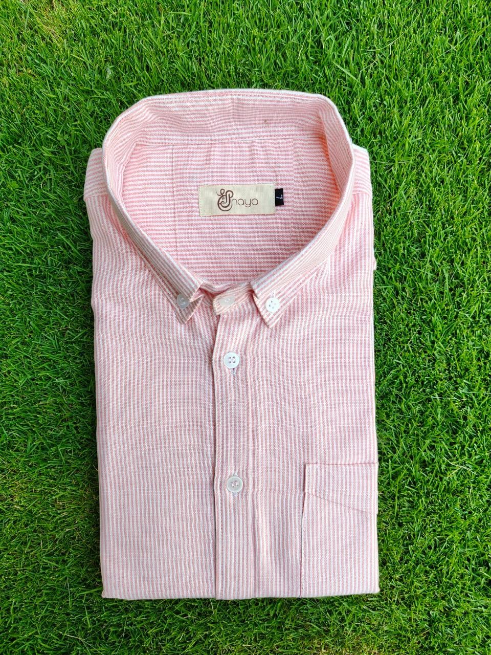 full sleeves pink striped casual shirt for men