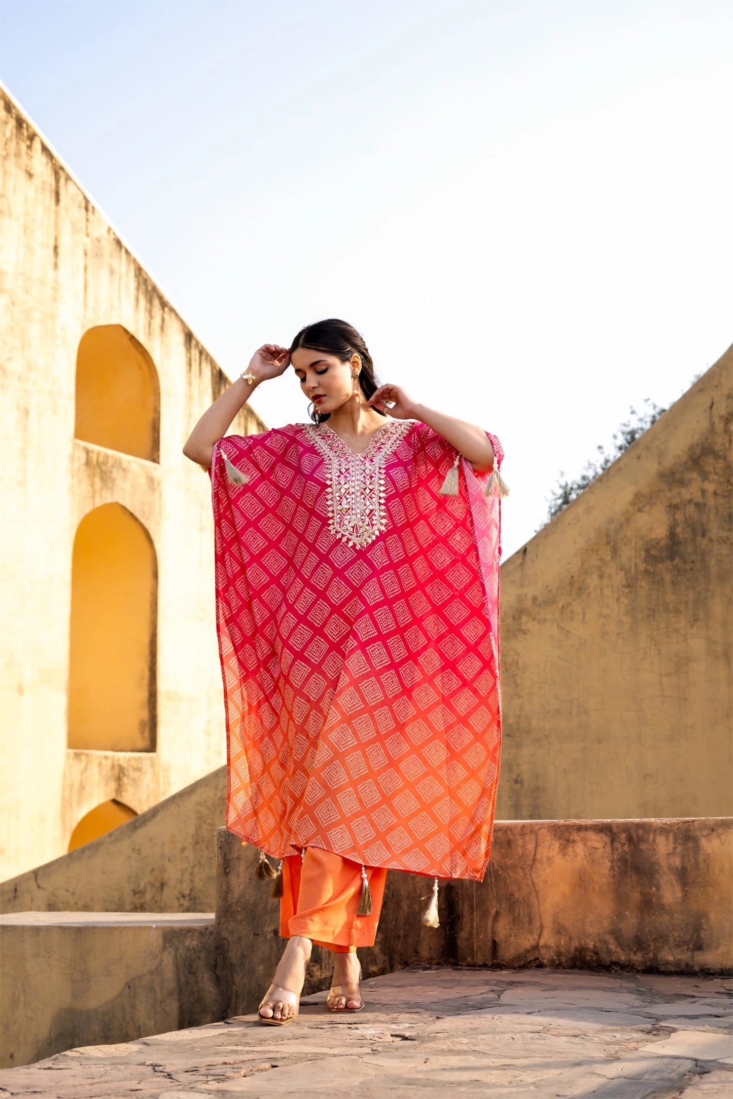 Red Bhandej Muslin Co-ord Set styled look