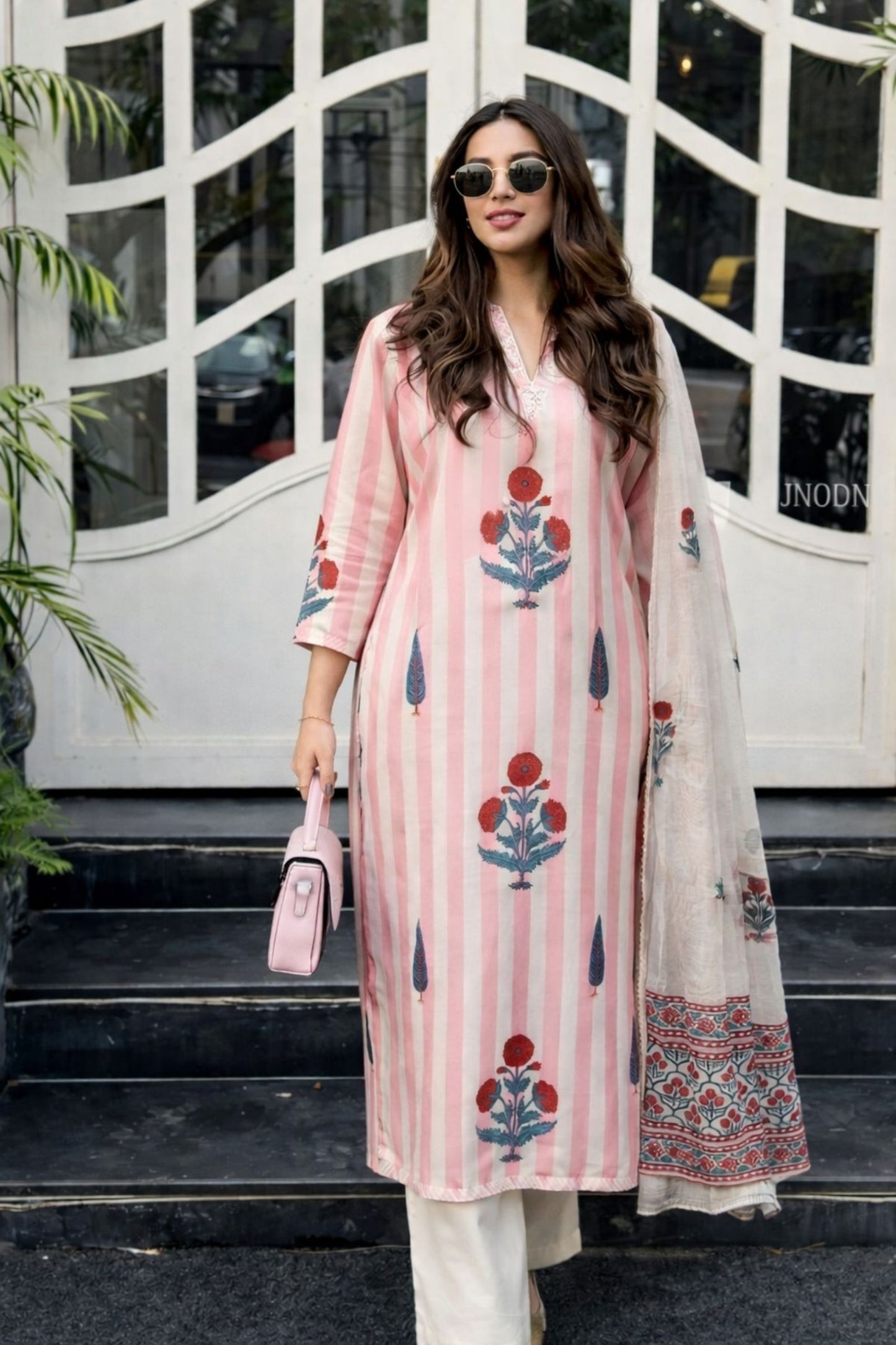 Women striped pink linen kurta set elegant ethnic wear look