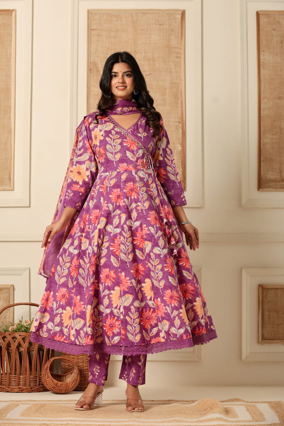 Purple Cotton Printed Anarkali Kurta Pant Dupatta