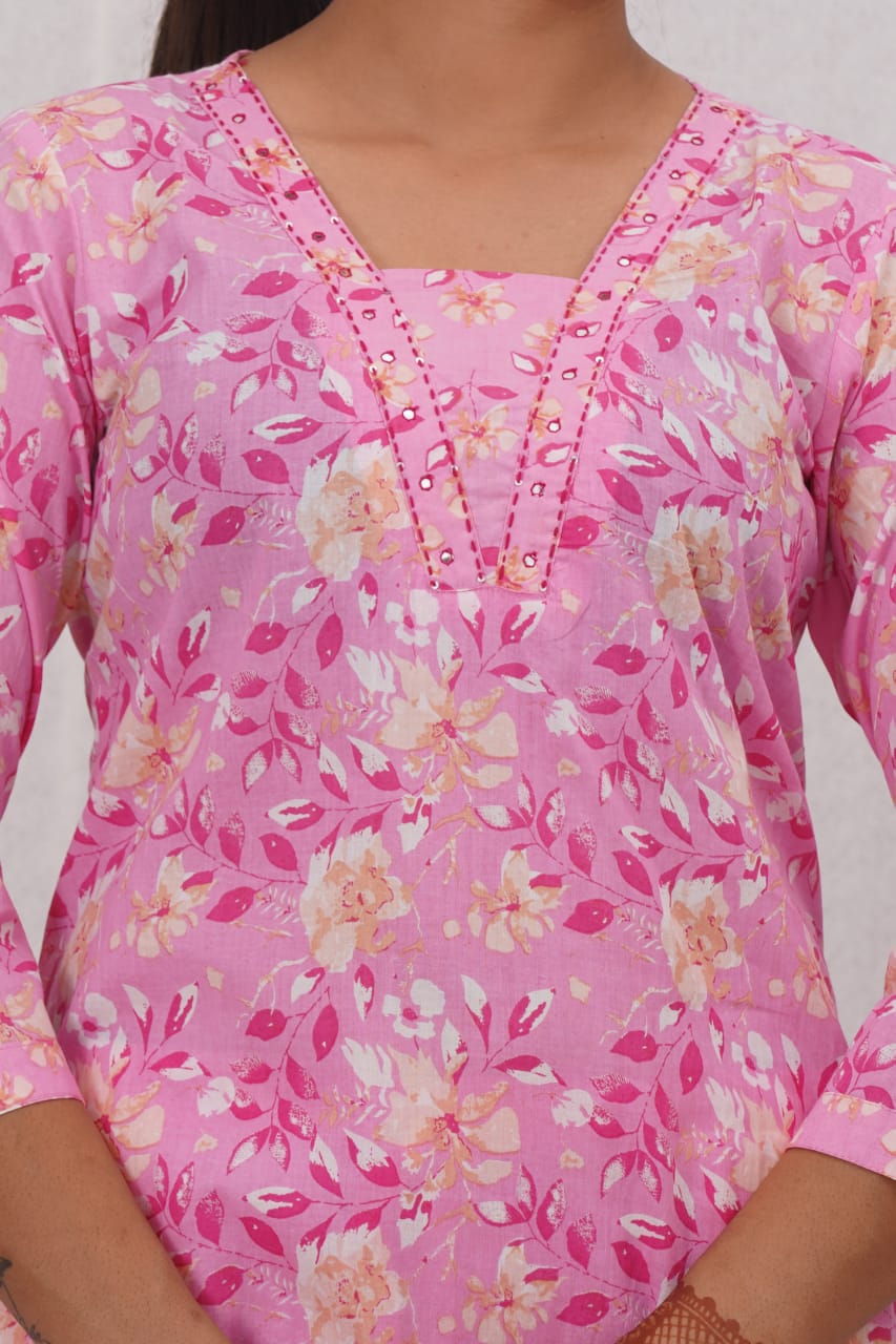 Pink Cotton Printed A Line Kurta Pant and Dupatta