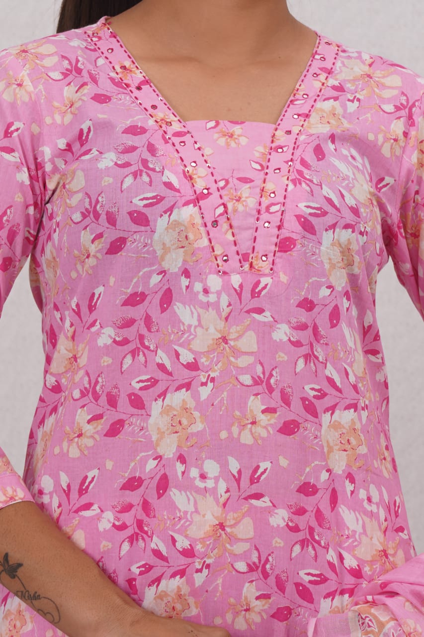 Pink Cotton Printed A Line Kurta Pant and Dupatta