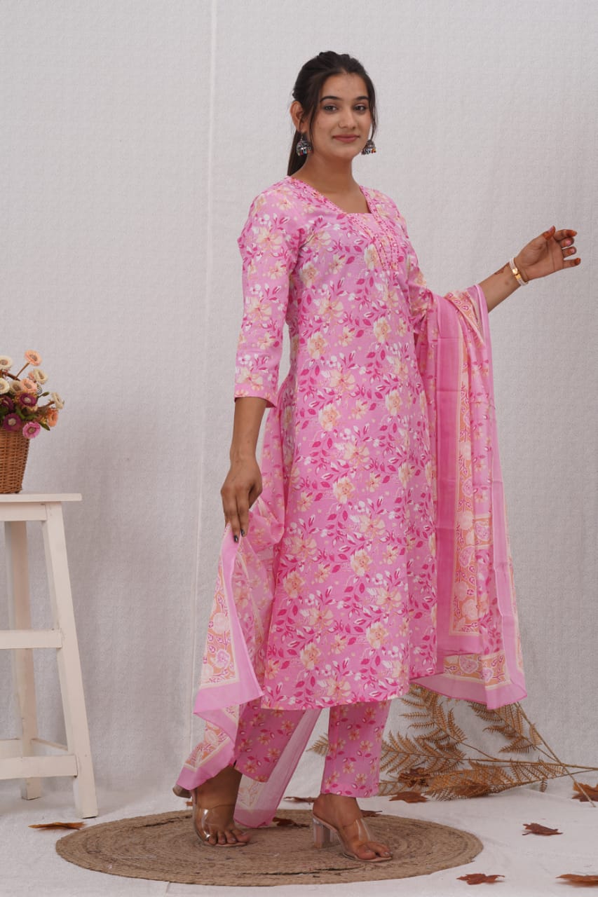 Pink Cotton Printed A Line Kurta Pant and Dupatta