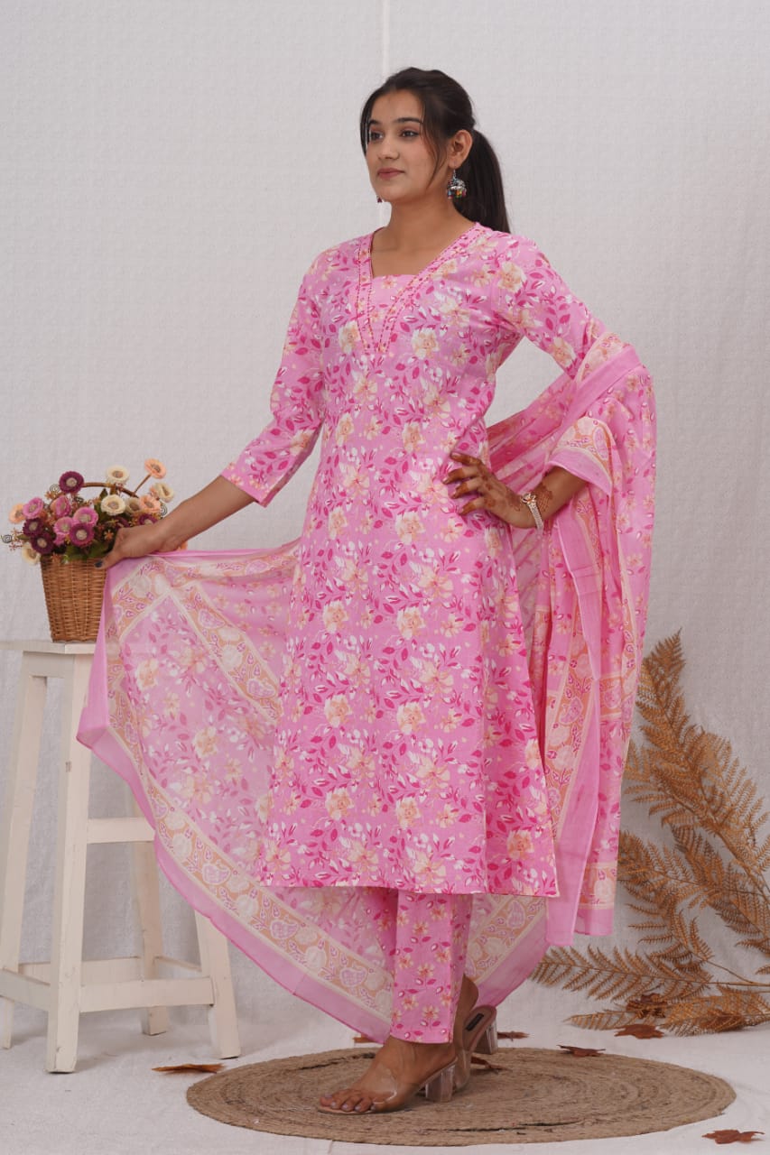 Pink Cotton Printed A Line Kurta Pant and Dupatta
